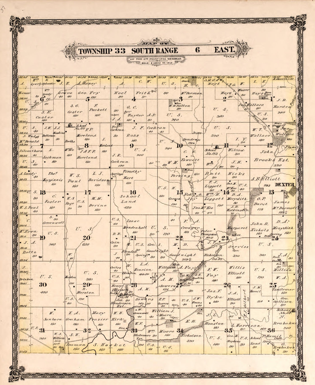 Township 33 South Range 6 East from Historical Atlas of Cowley County, Kansas 1882 by Relic Map Company