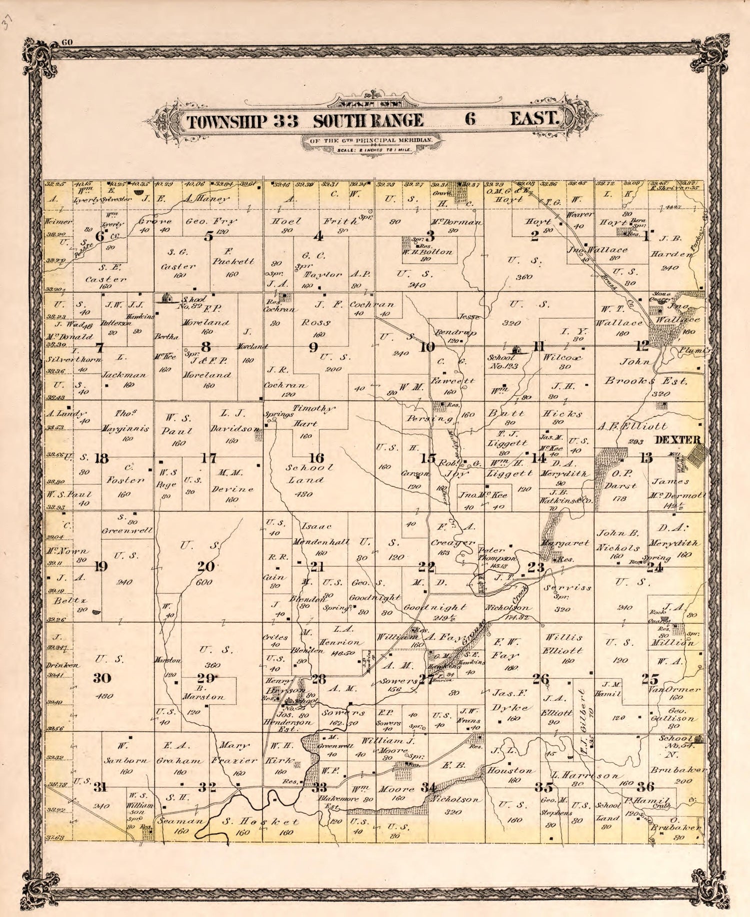 Township 33 South Range 6 East from Historical Atlas of Cowley County, Kansas 1882 by Relic Map Company