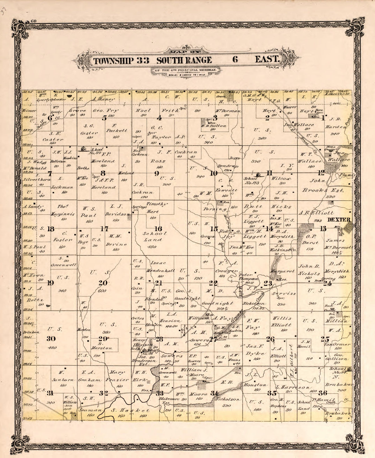 Township 33 South Range 6 East from Historical Atlas of Cowley County, Kansas 1882 by Relic Map Company
