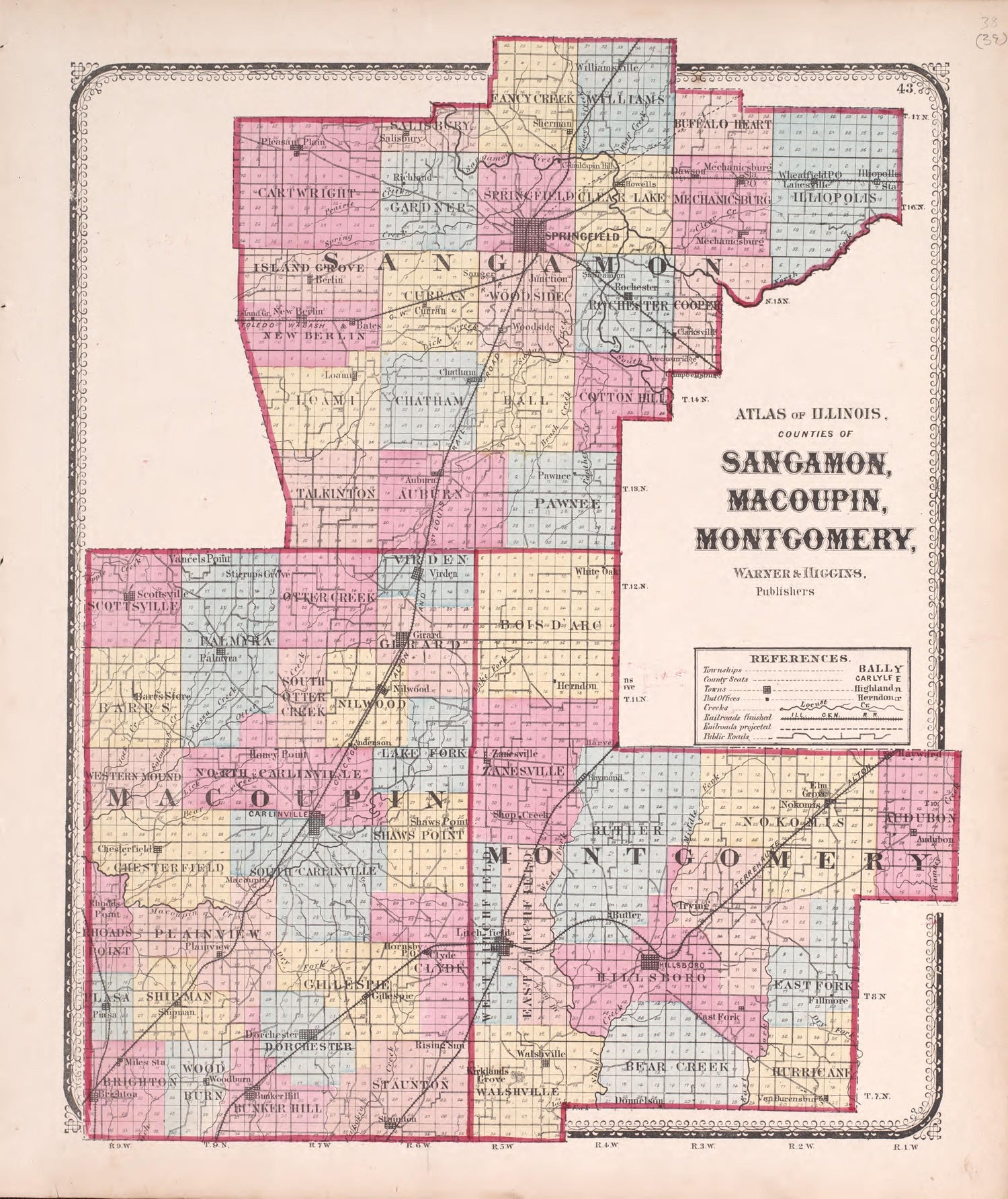 Sangamon, Macoupin, Montgomery, from Atlas of Kendall County and the State of Illinois : to Which Is Added an Atlas of the United States, Maps of the Hemispheres &amp;c. &amp;c. &amp;c 1870 by Relic Map Company