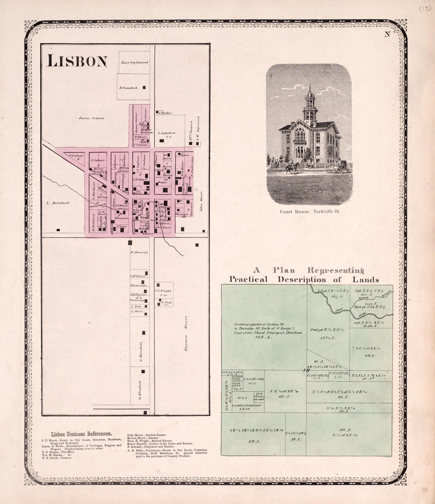 Lisbon; View of Court House, Yorkville; Practical Description of Lands from Atlas of Kendall County and the State of Illinois : to Which Is Added an Atlas of the United States, Maps of the Hemispheres &amp;c. &amp;c. &amp;c 1870 by Relic Map Company