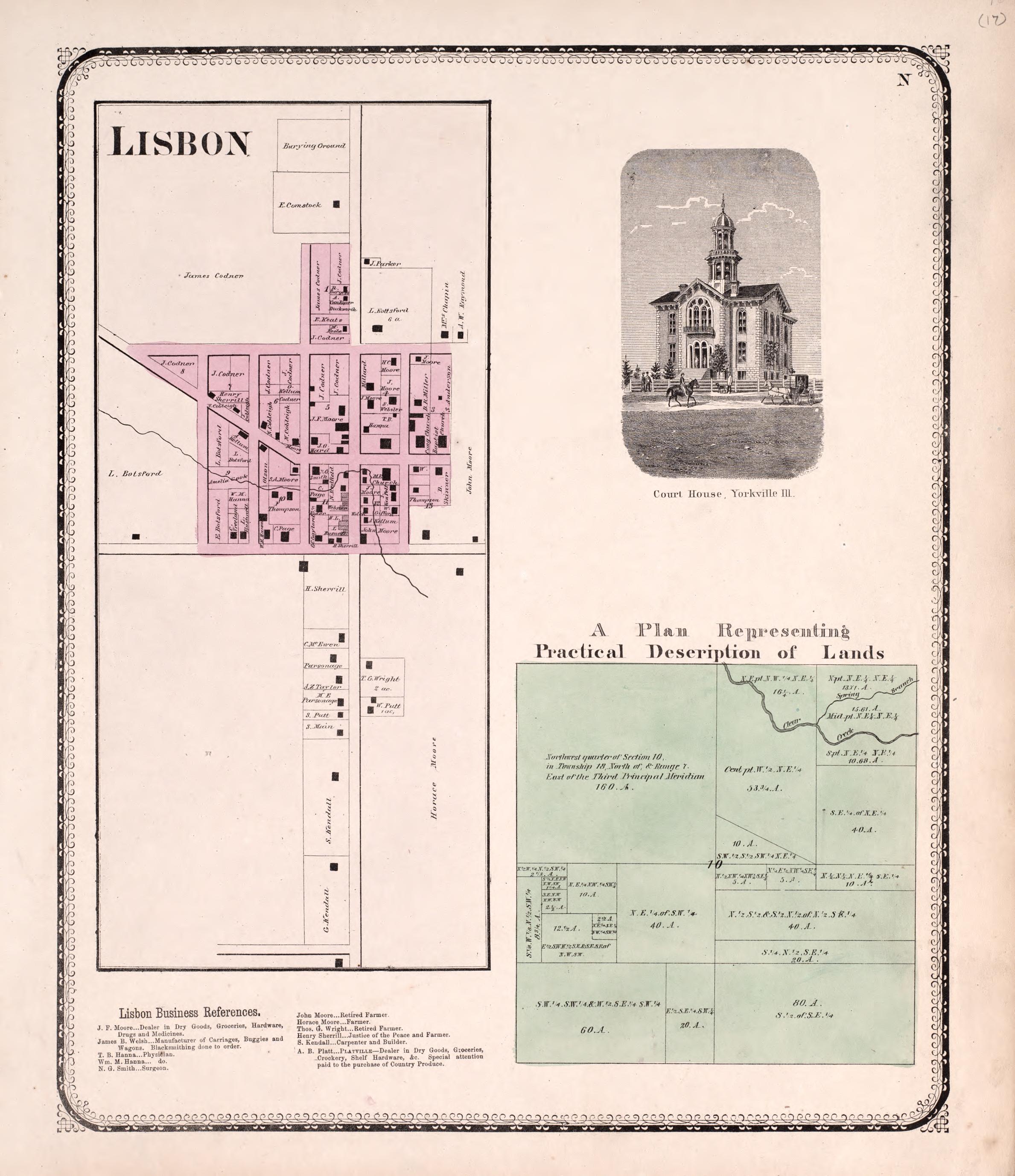 Lisbon; View of Court House, Yorkville; Practical Description of Lands from Atlas of Kendall County and the State of Illinois : to Which Is Added an Atlas of the United States, Maps of the Hemispheres &amp;c. &amp;c. &amp;c 1870 by Relic Map Company