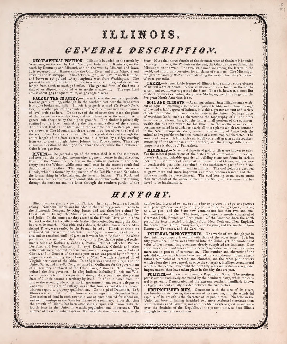 Illinois, General Description from Atlas of Kendall County and the State of Illinois : to Which Is Added an Atlas of the United States, Maps of the Hemispheres &amp;c. &amp;c. &amp;c 1870 by Relic Map Company