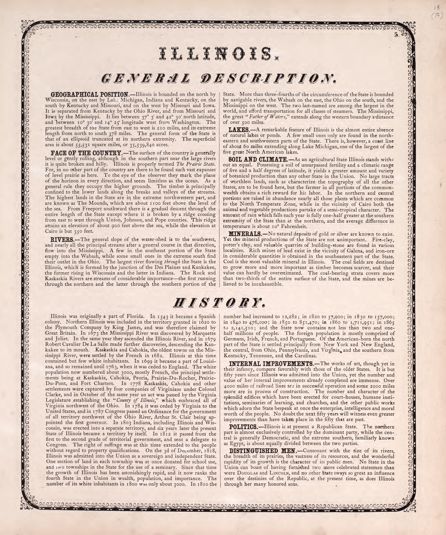Illinois, General Description from Atlas of Kendall County and the State of Illinois : to Which Is Added an Atlas of the United States, Maps of the Hemispheres &amp;c. &amp;c. &amp;c 1870 by Relic Map Company