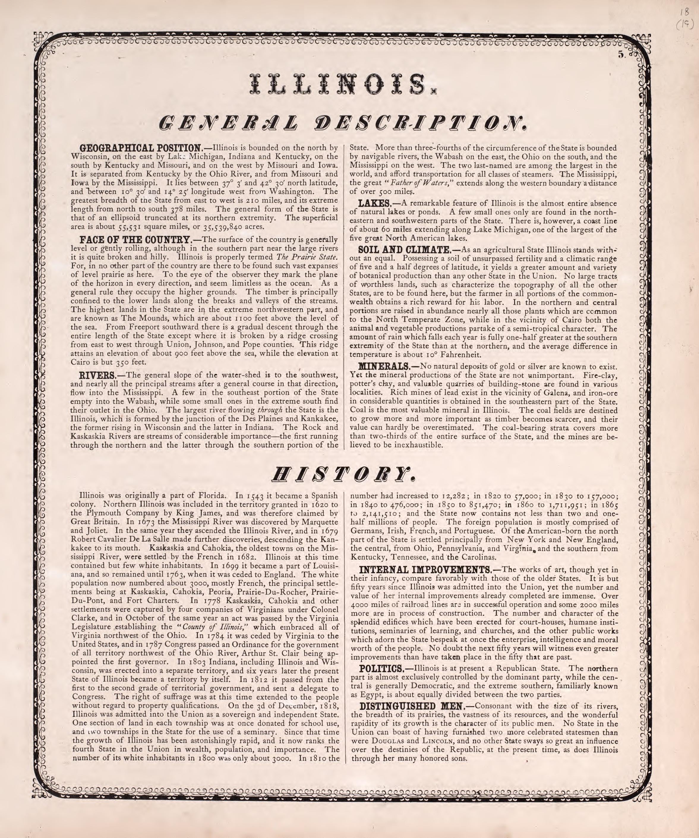 Illinois, General Description from Atlas of Kendall County and the State of Illinois : to Which Is Added an Atlas of the United States, Maps of the Hemispheres &amp;c. &amp;c. &amp;c 1870 by Relic Map Company
