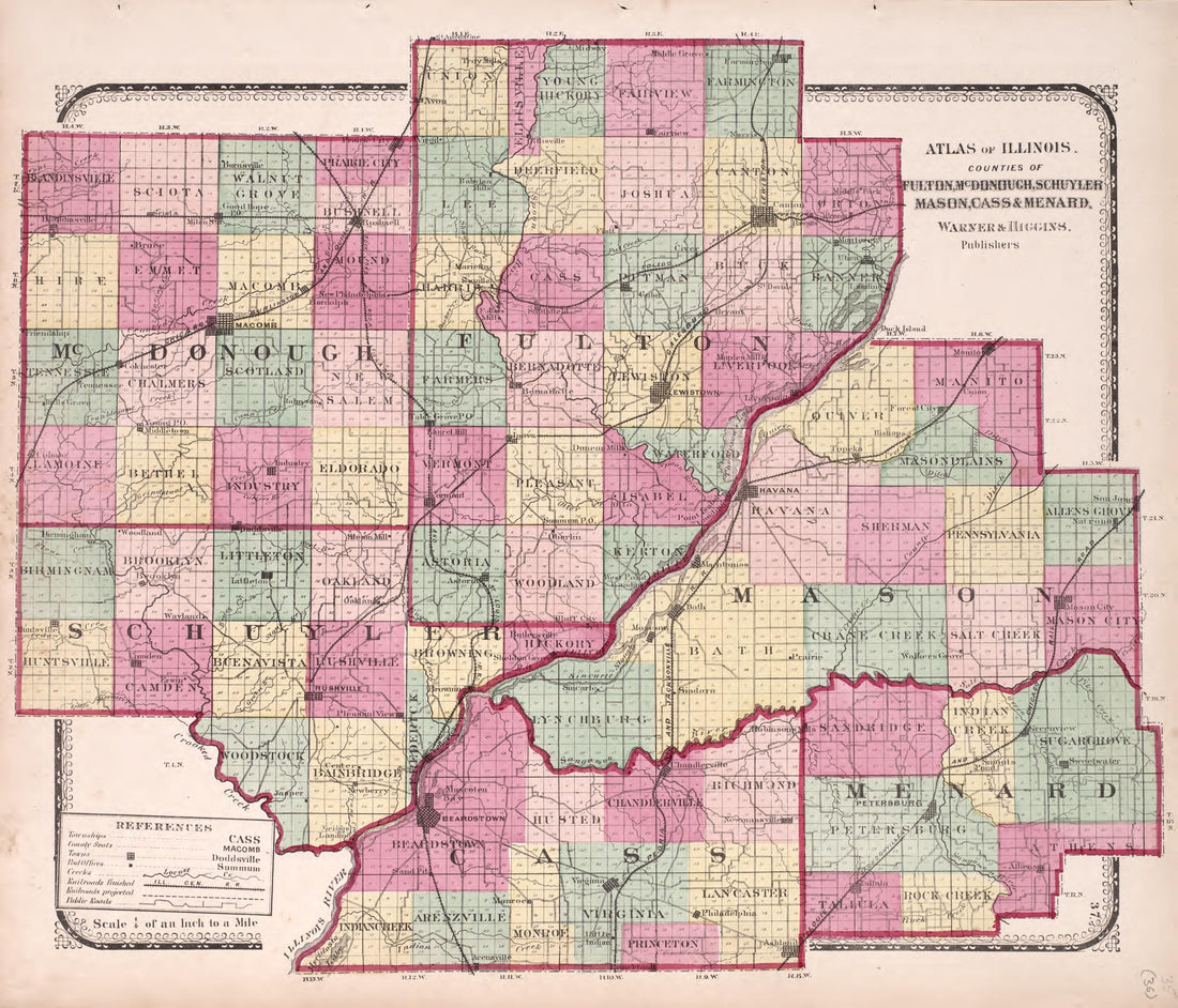 Fulton, McDonough,Schuyler, Mason, Cass &amp; Menard from Atlas of Kendall County and the State of Illinois : to Which Is Added an Atlas of the United States, Maps of the Hemispheres &amp;c. &amp;c. &amp;c 1870 by Relic Map Company