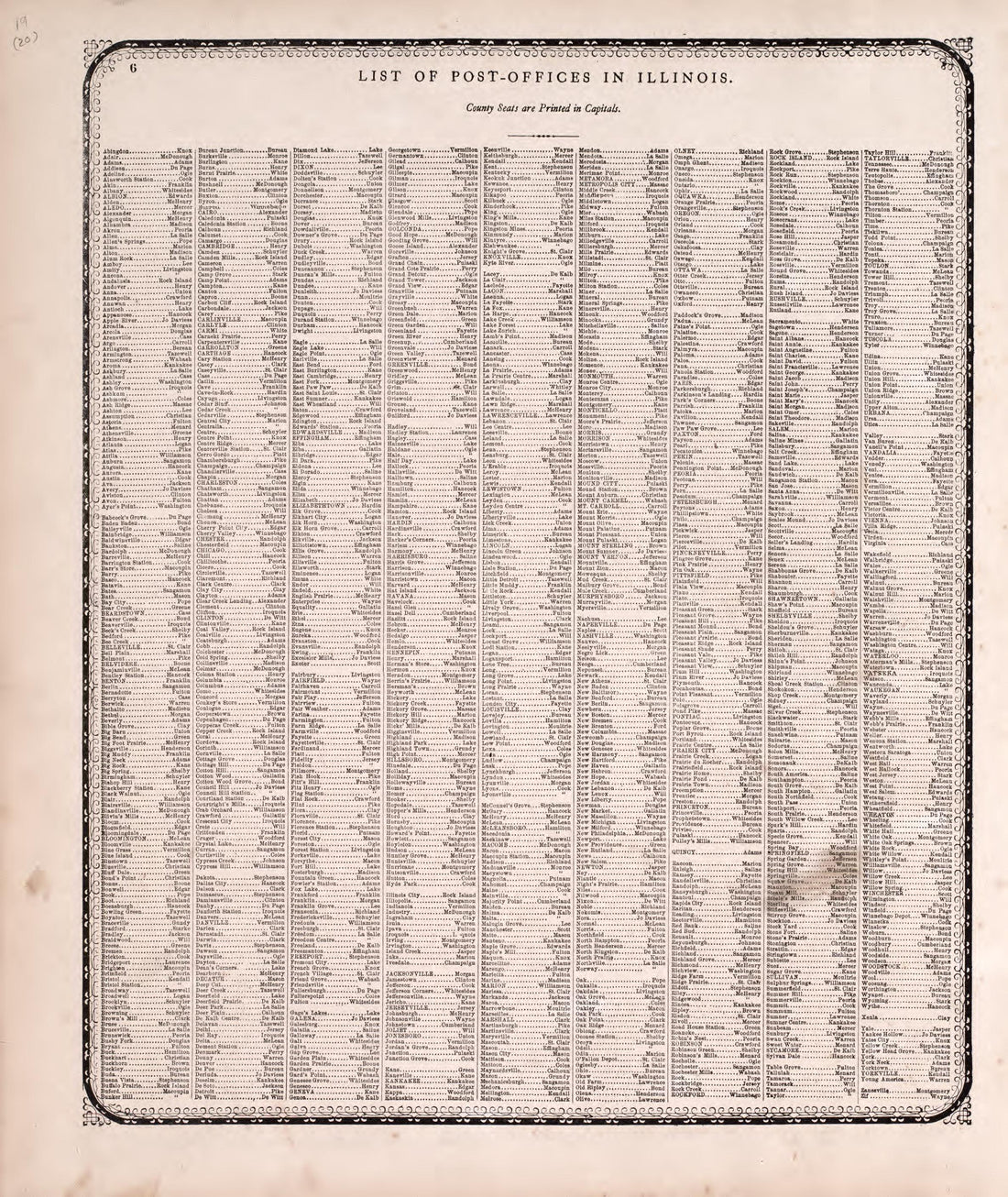 List of Post-offices In Illinois from Atlas of Kendall County and the State of Illinois : to Which Is Added an Atlas of the United States, Maps of the Hemispheres &amp;c. &amp;c. &amp;c 1870 by Relic Map Company