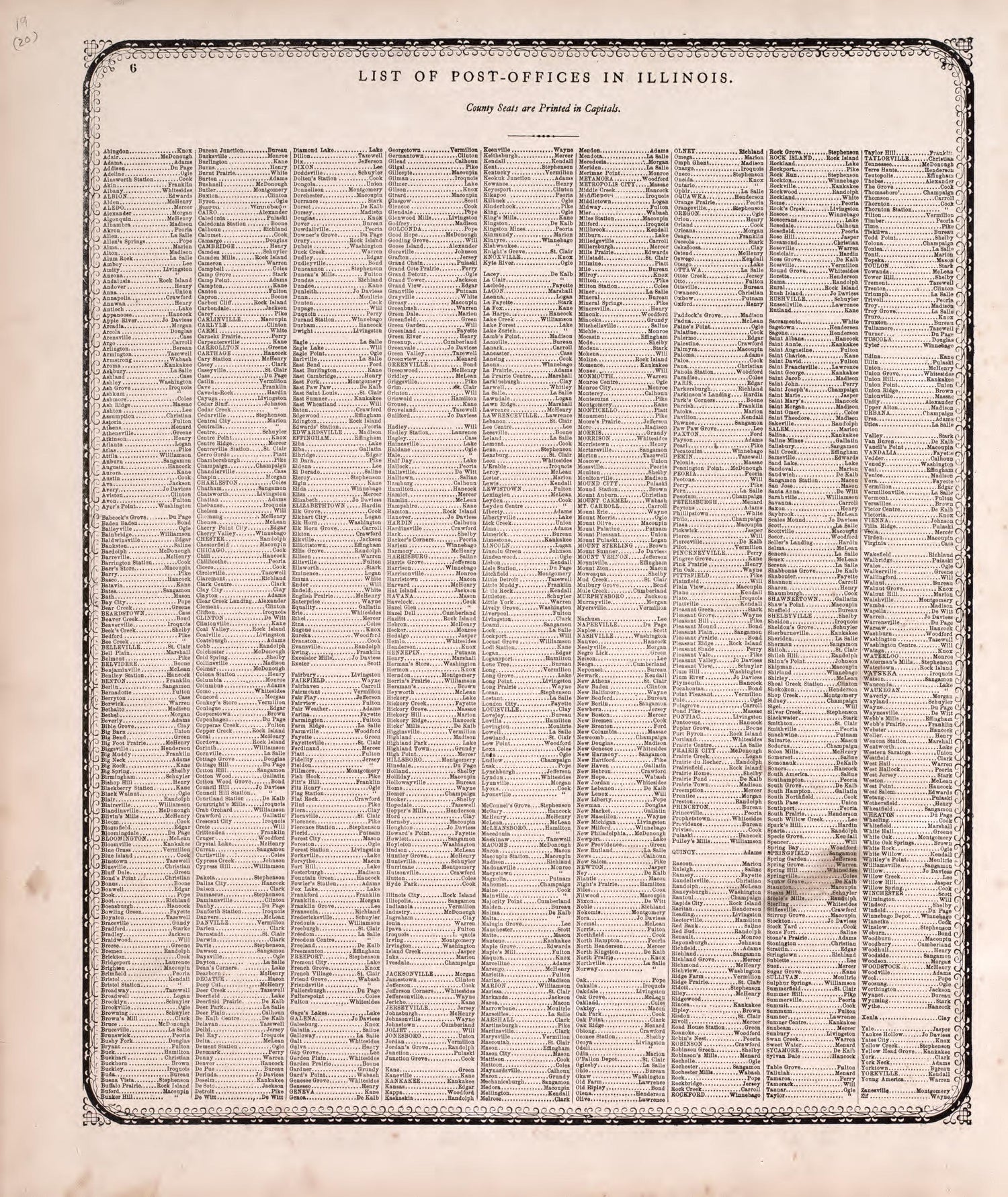 List of Post-offices In Illinois from Atlas of Kendall County and the State of Illinois : to Which Is Added an Atlas of the United States, Maps of the Hemispheres &amp;c. &amp;c. &amp;c 1870 by Relic Map Company