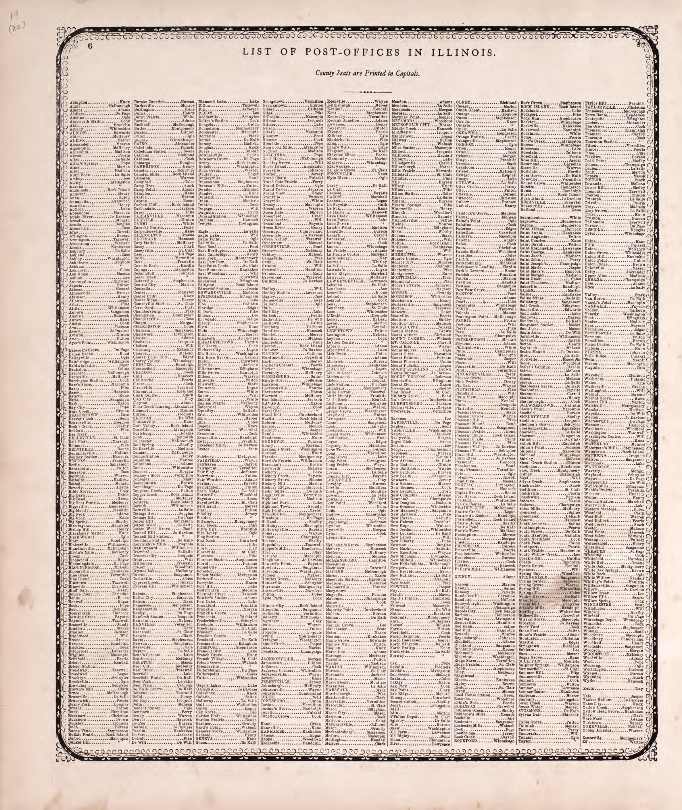List of Post-offices In Illinois from Atlas of Kendall County and the State of Illinois : to Which Is Added an Atlas of the United States, Maps of the Hemispheres &amp;c. &amp;c. &amp;c 1870 by Relic Map Company