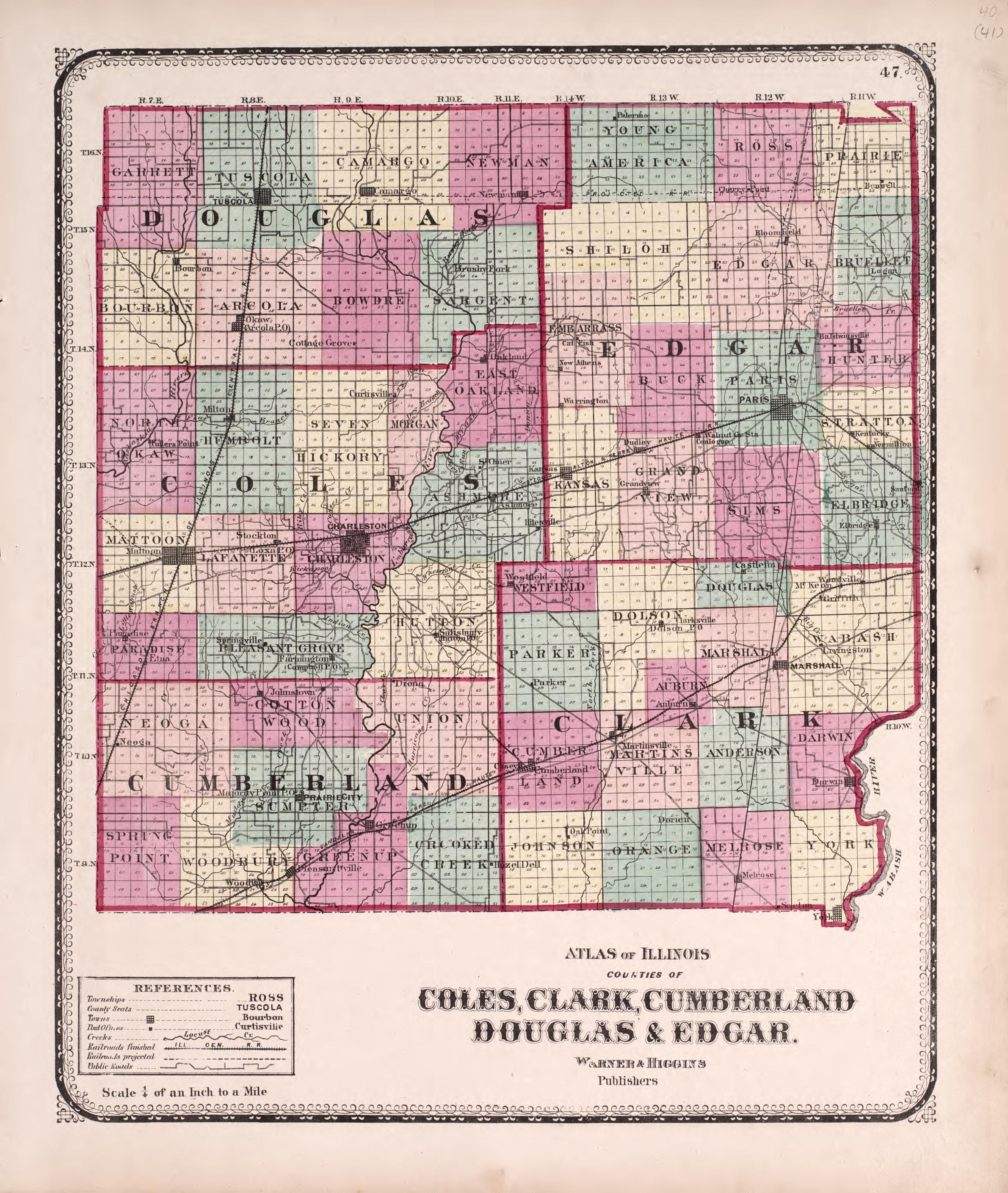 Coles, Clark, Cumberland, Doublas &amp; Edgar from Atlas of Kendall County and the State of Illinois : to Which Is Added an Atlas of the United States, Maps of the Hemispheres &amp;c. &amp;c. &amp;c 1870 by Relic Map Company