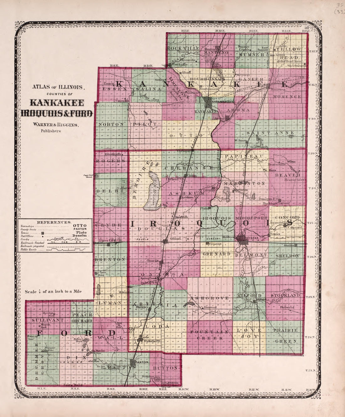 Counties of Kankakee, Iroquois &amp; Furo from Atlas of Kendall County and the State of Illinois : to Which Is Added an Atlas of the United States, Maps of the Hemispheres &amp;c. &amp;c. &amp;c 1870 by Relic Map Company