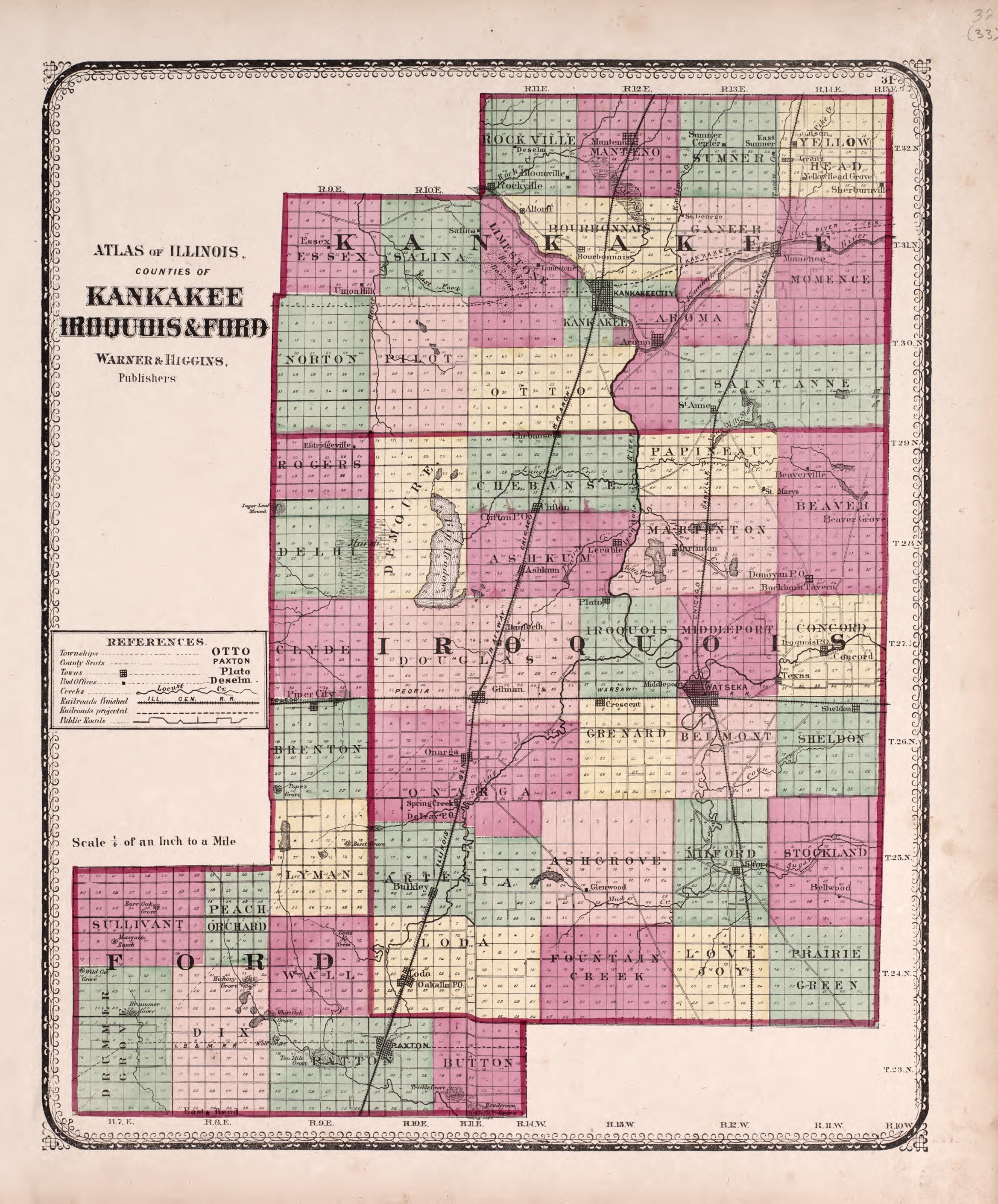 Counties of Kankakee, Iroquois &amp; Furo from Atlas of Kendall County and the State of Illinois : to Which Is Added an Atlas of the United States, Maps of the Hemispheres &amp;c. &amp;c. &amp;c 1870 by Relic Map Company