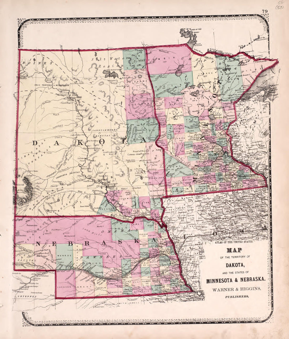 Territory of Dakota, States of Minnesota &amp; Nebraska from Atlas of Kendall County and the State of Illinois : to Which Is Added an Atlas of the United States, Maps of the Hemispheres &amp;c. &amp;c. &amp;c 1870 by Relic Map Company