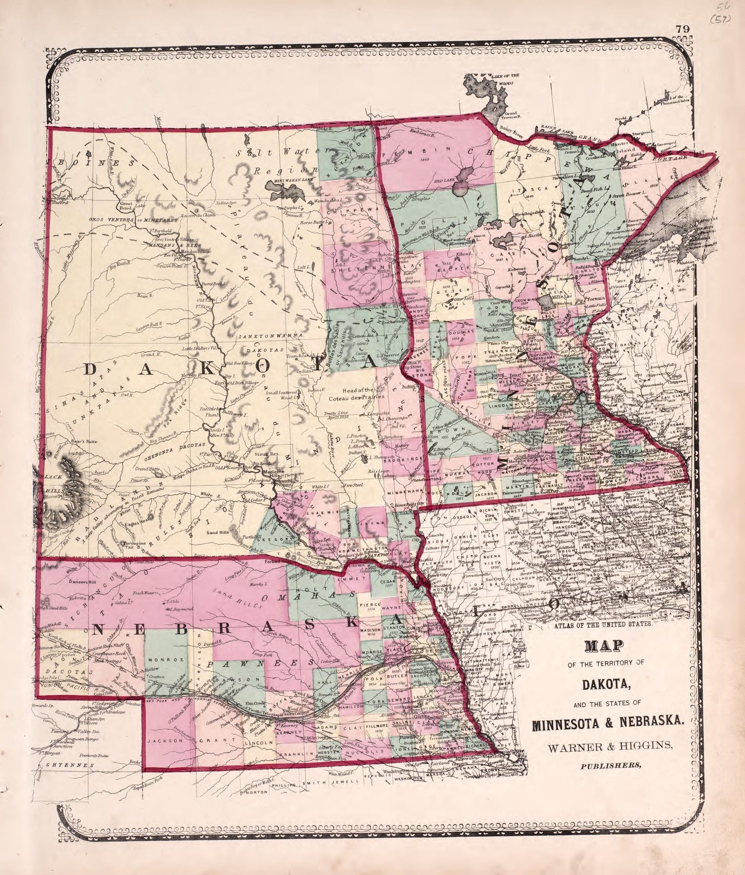 Territory of Dakota, States of Minnesota &amp; Nebraska from Atlas of Kendall County and the State of Illinois : to Which Is Added an Atlas of the United States, Maps of the Hemispheres &amp;c. &amp;c. &amp;c 1870 by Relic Map Company
