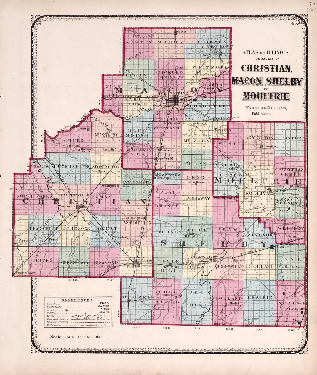 Christian, Macon, Shelby and Moultrie from Atlas of Kendall County and the State of Illinois : to Which Is Added an Atlas of the United States, Maps of the Hemispheres &amp;c. &amp;c. &amp;c 1870 by Relic Map Company