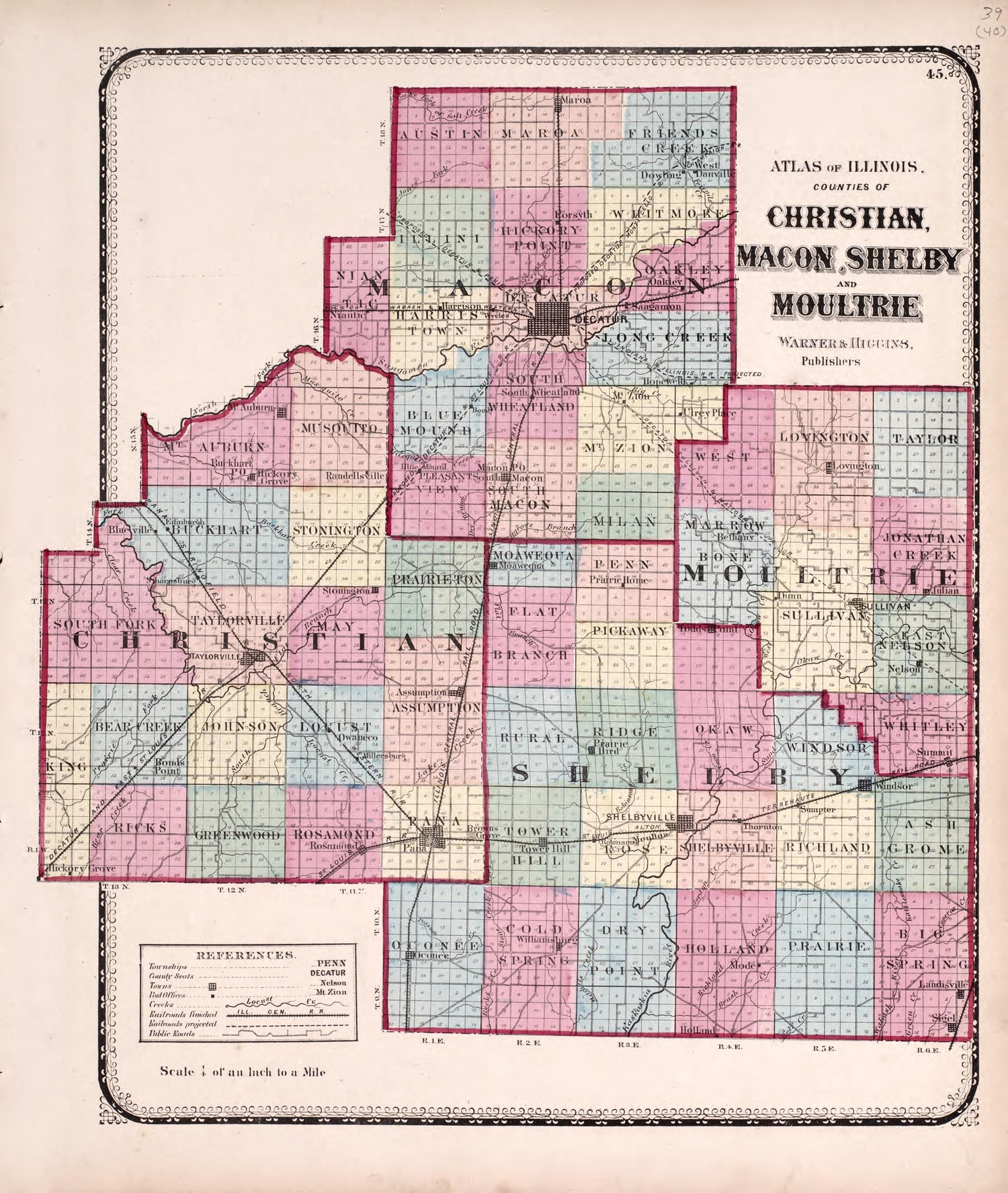Christian, Macon, Shelby and Moultrie from Atlas of Kendall County and the State of Illinois : to Which Is Added an Atlas of the United States, Maps of the Hemispheres &amp;c. &amp;c. &amp;c 1870 by Relic Map Company