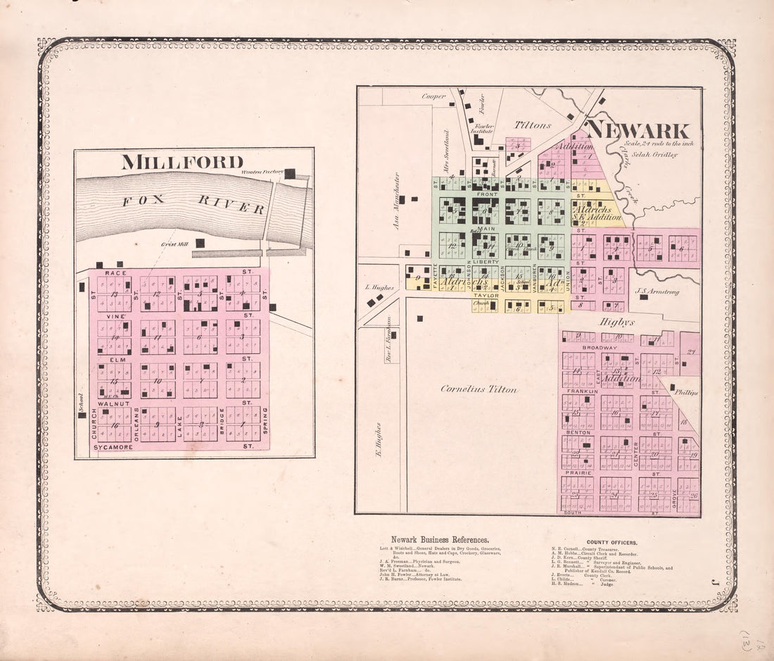 Millford; Newark from Atlas of Kendall County and the State of Illinois : to Which Is Added an Atlas of the United States, Maps of the Hemispheres &amp;c. &amp;c. &amp;c 1870 by Relic Map Company