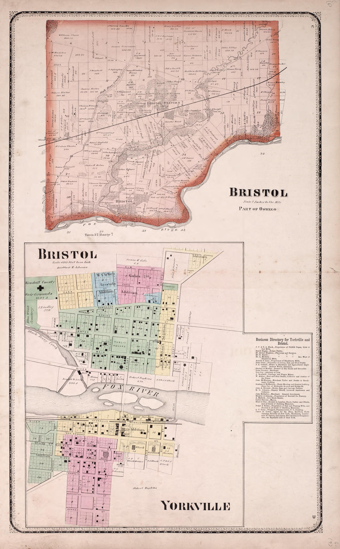 Bristol - Yorkville from Atlas of Kendall County and the State of Illinois : to Which Is Added an Atlas of the United States, Maps of the Hemispheres &amp;c. &amp;c. &amp;c 1870 by Relic Map Company