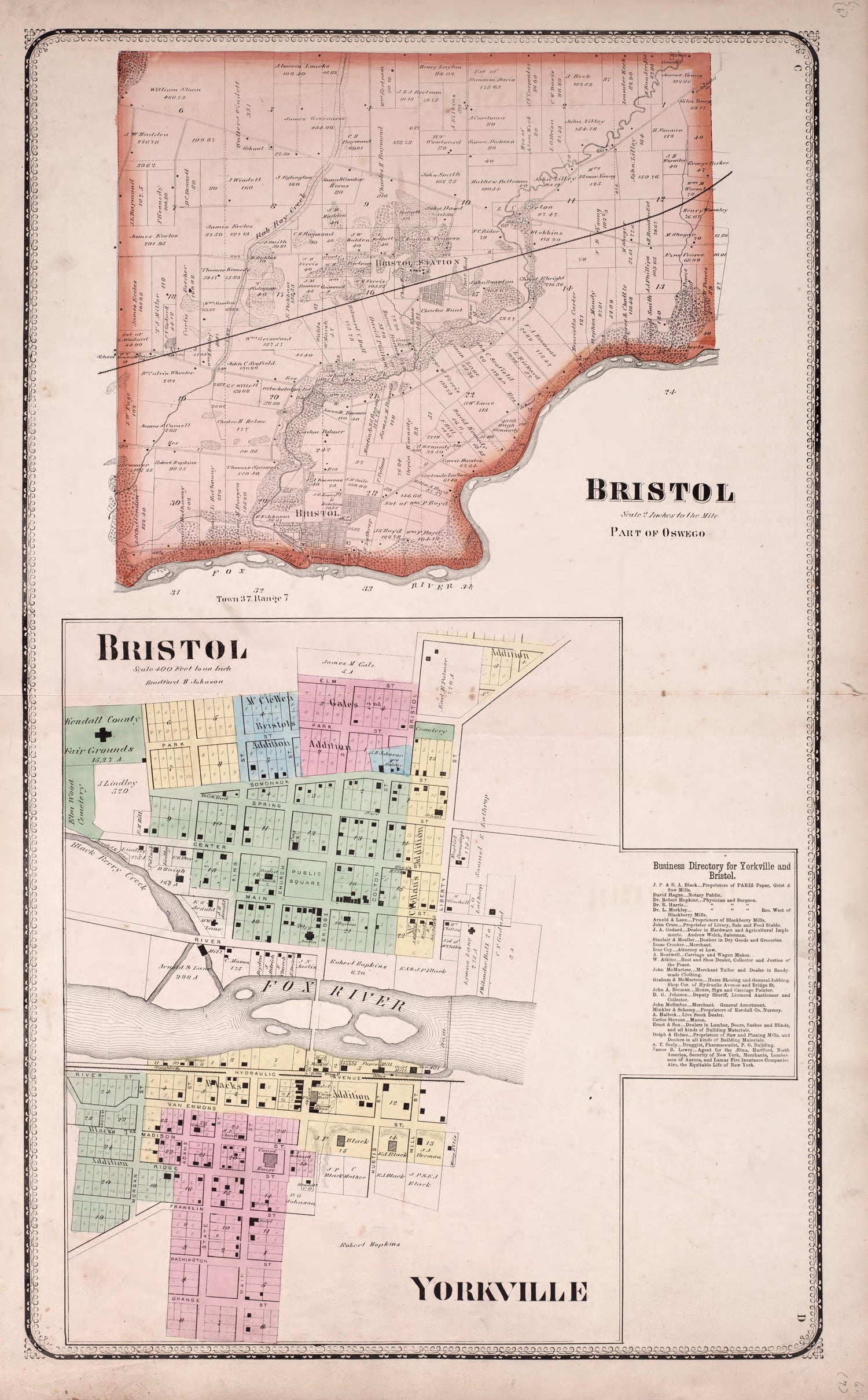 Bristol - Yorkville from Atlas of Kendall County and the State of Illinois : to Which Is Added an Atlas of the United States, Maps of the Hemispheres &amp;c. &amp;c. &amp;c 1870 by Relic Map Company