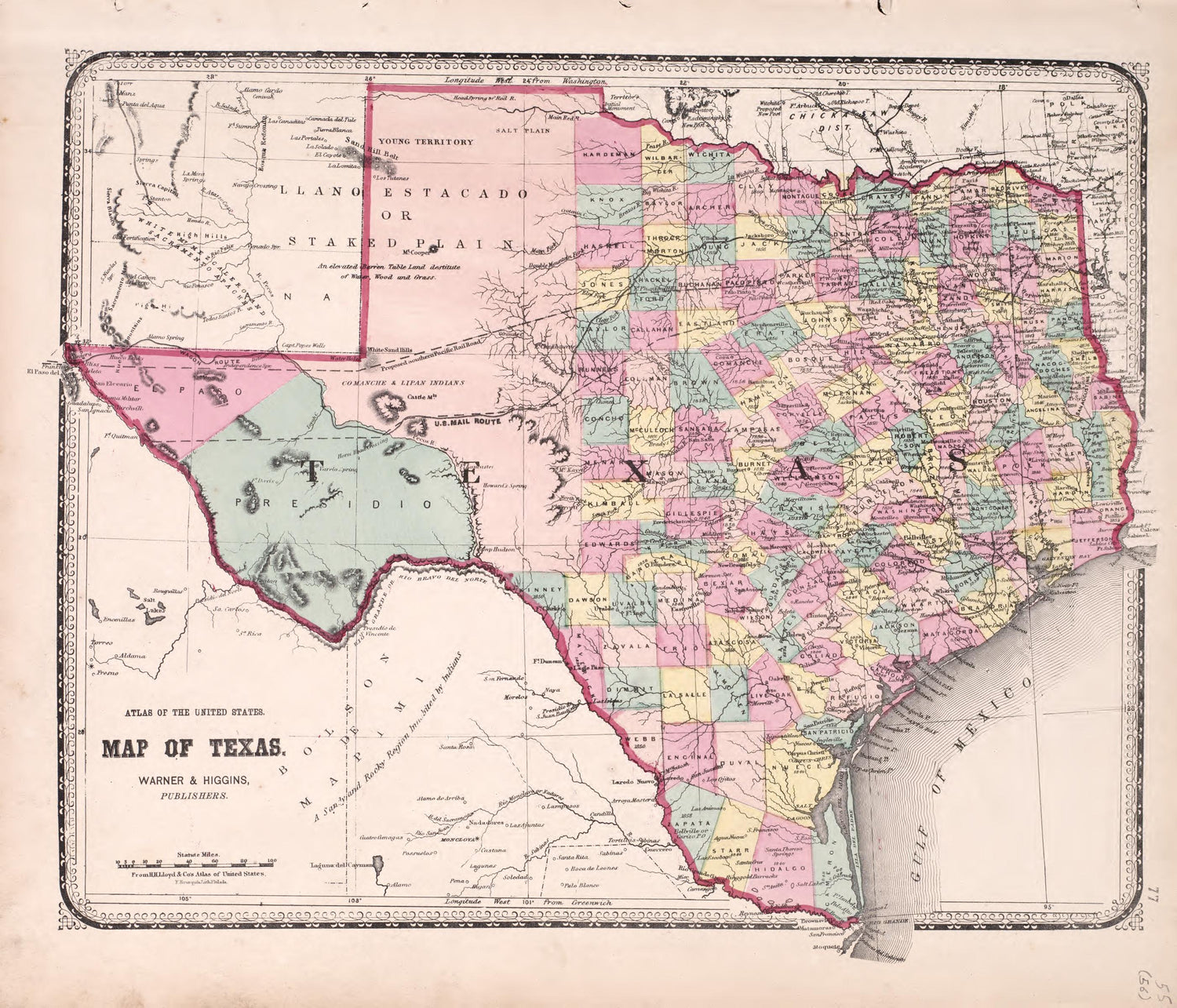 Texas from Atlas of Kendall County and the State of Illinois : to Which Is Added an Atlas of the United States, Maps of the Hemispheres &amp;c. &amp;c. &amp;c 1870 by Relic Map Company