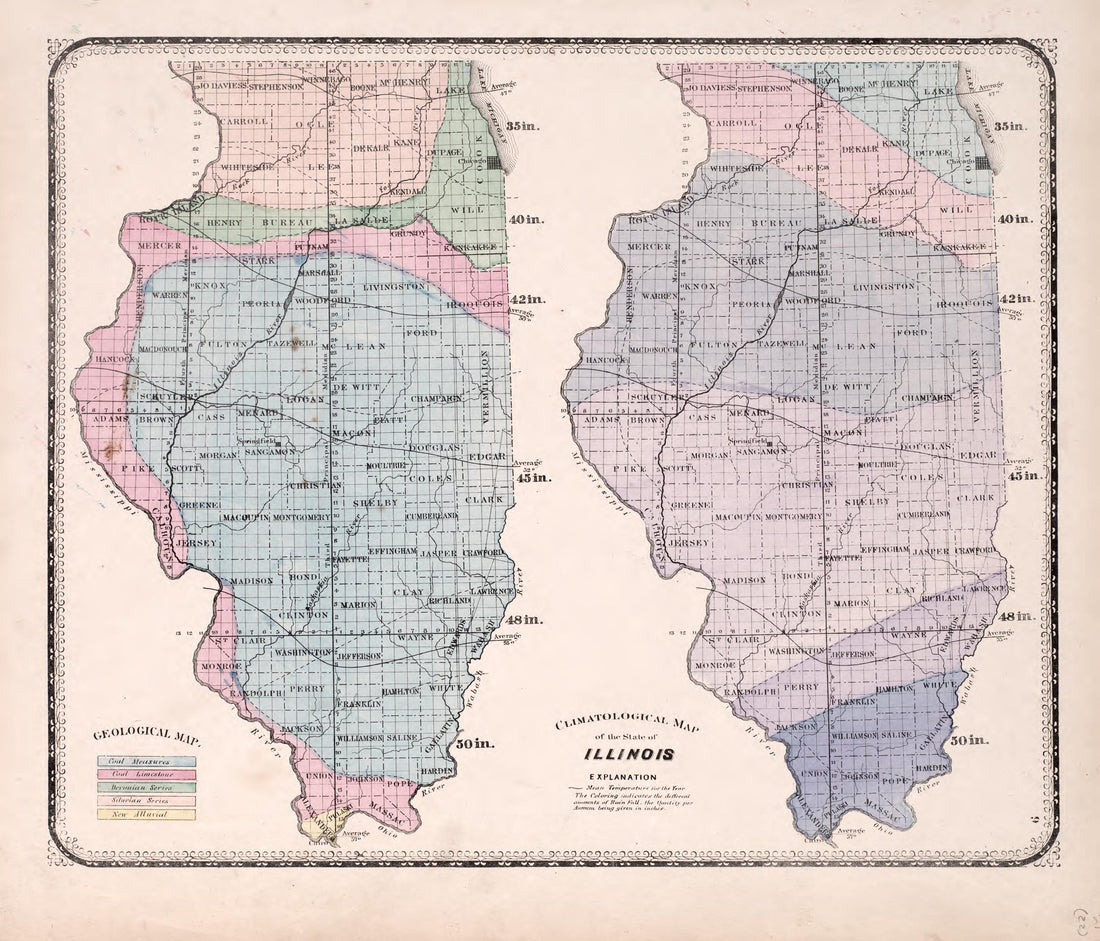 Climatological Map of Illinois from Atlas of Kendall County and the State of Illinois : to Which Is Added an Atlas of the United States, Maps of the Hemispheres &amp;c. &amp;c. &amp;c 1870 by Relic Map Company