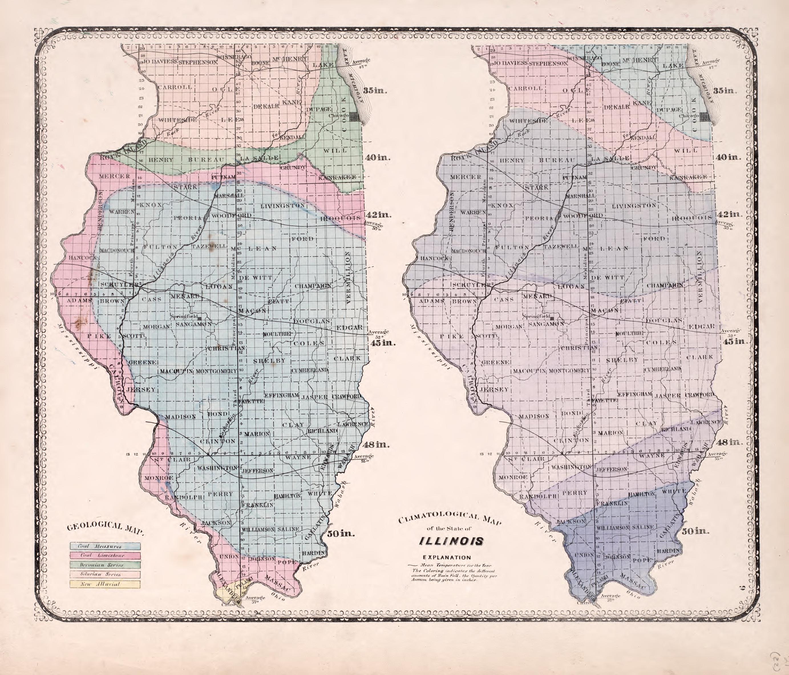 Climatological Map of Illinois from Atlas of Kendall County and the State of Illinois : to Which Is Added an Atlas of the United States, Maps of the Hemispheres &amp;c. &amp;c. &amp;c 1870 by Relic Map Company