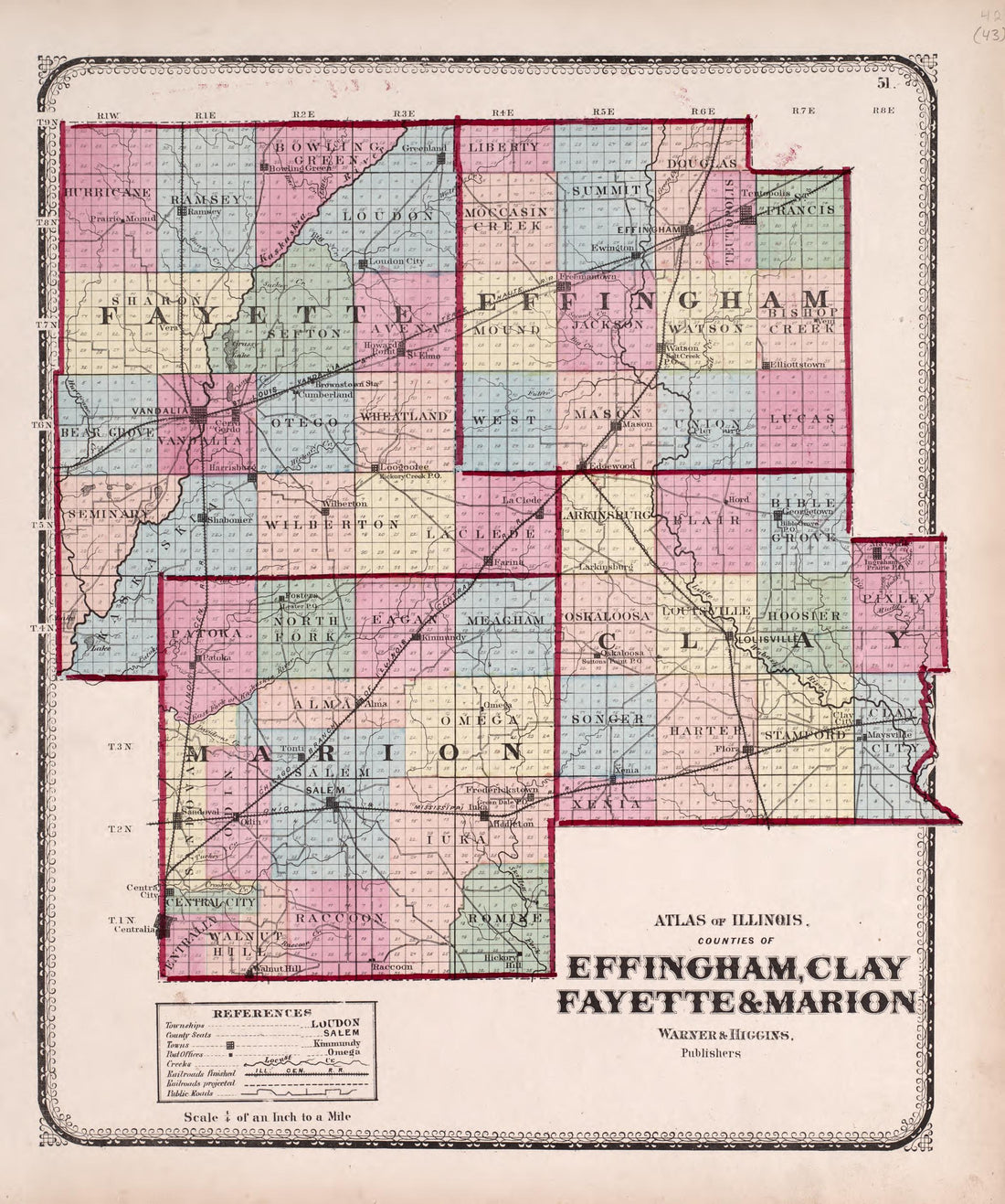 Effingham, Clay, Fayette &amp; Marion from Atlas of Kendall County and the State of Illinois : to Which Is Added an Atlas of the United States, Maps of the Hemispheres &amp;c. &amp;c. &amp;c 1870 by Relic Map Company