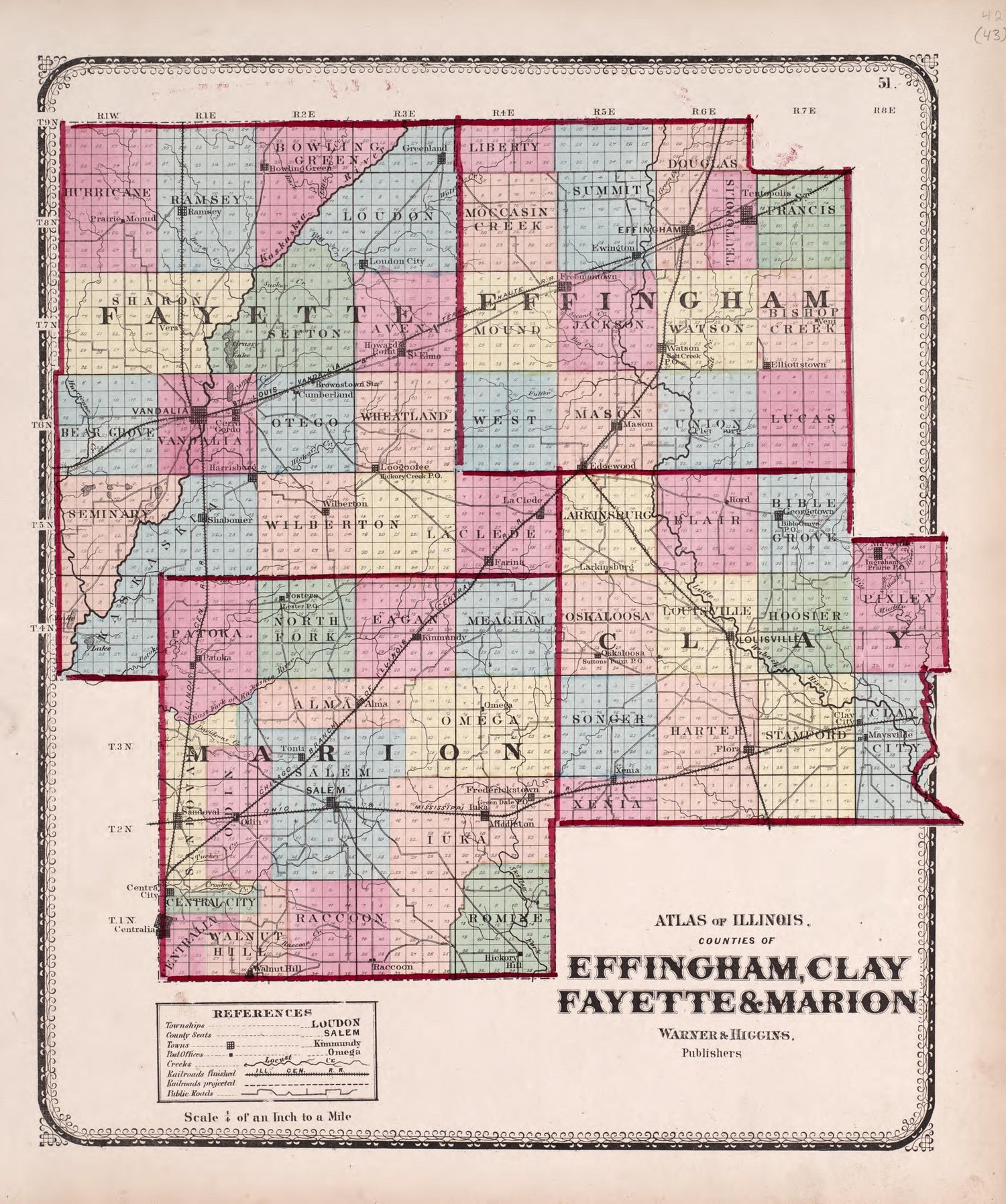 Effingham, Clay, Fayette &amp; Marion from Atlas of Kendall County and the State of Illinois : to Which Is Added an Atlas of the United States, Maps of the Hemispheres &amp;c. &amp;c. &amp;c 1870 by Relic Map Company