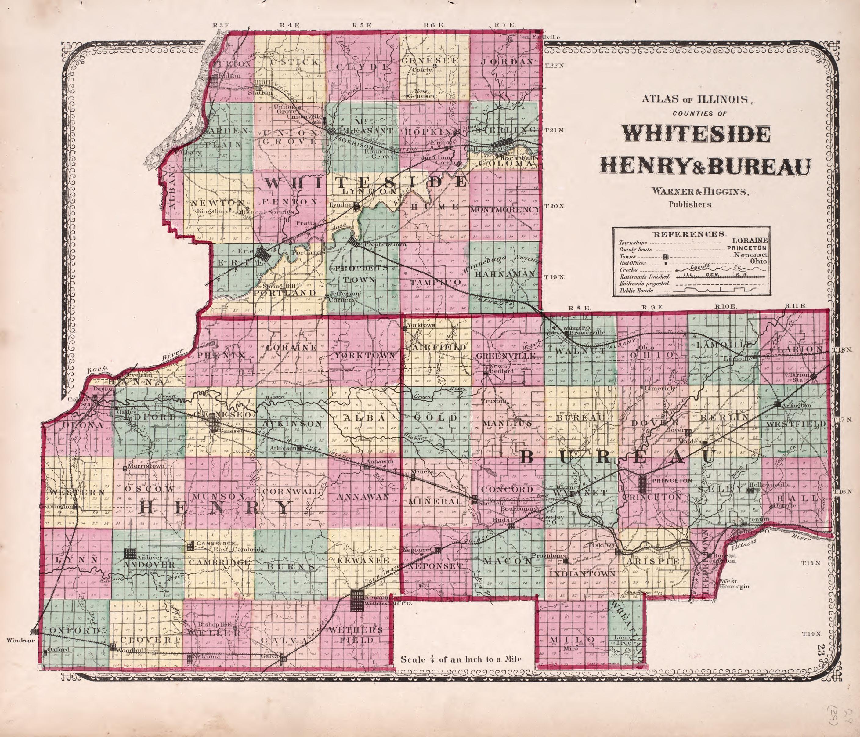 Counties of Whiteside, Henry &amp; Bureau from Atlas of Kendall County and the State of Illinois : to Which Is Added an Atlas of the United States, Maps of the Hemispheres &amp;c. &amp;c. &amp;c 1870 by Relic Map Company