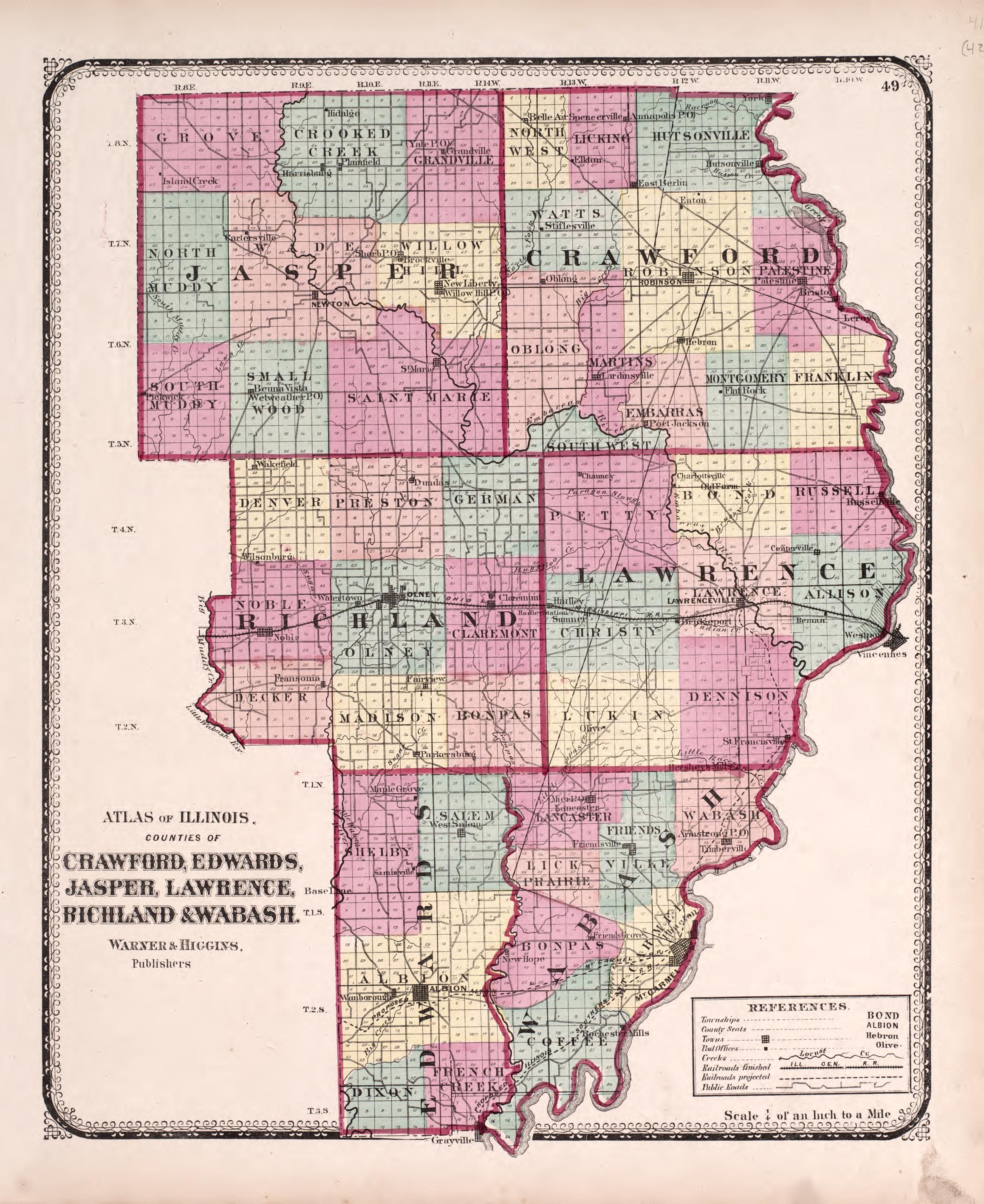 Crawford, Edwards, Jasper, Lawrence, Richland &amp; Wabash from Atlas of Kendall County and the State of Illinois : to Which Is Added an Atlas of the United States, Maps of the Hemispheres &amp;c. &amp;c. &amp;c 1870 by Relic Map Company