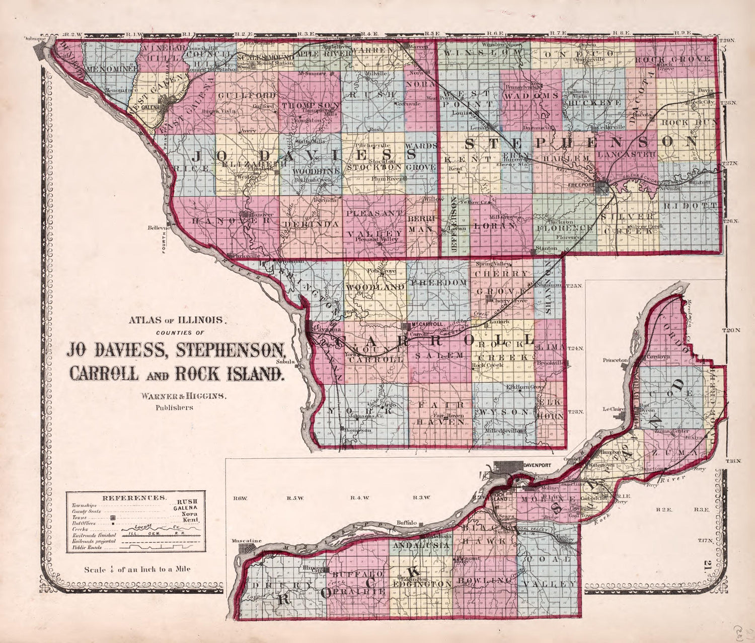 Counties of Jo Daviess, Stephenson, Carroll and Rock Island from Atlas of Kendall County and the State of Illinois : to Which Is Added an Atlas of the United States, Maps of the Hemispheres &amp;c. &amp;c. &amp;c 1870 by Relic Map Company