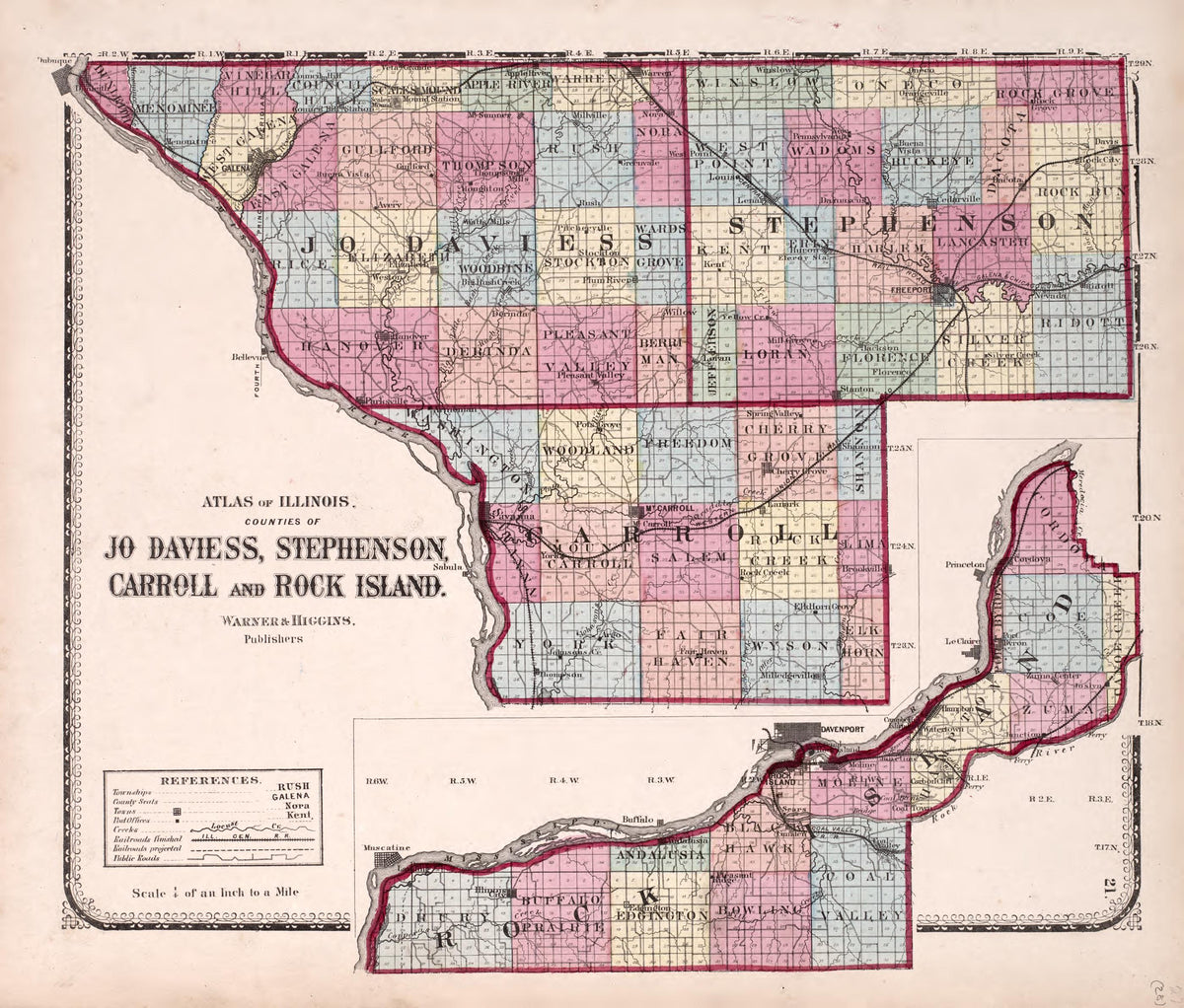 Counties of Jo Daviess, Stephenson, Carroll and Rock Island from Atlas of Kendall County and the State of Illinois : to Which Is Added an Atlas of the United States, Maps of the Hemispheres &amp;c. &amp;c. &amp;c 1870 by Relic Map Company