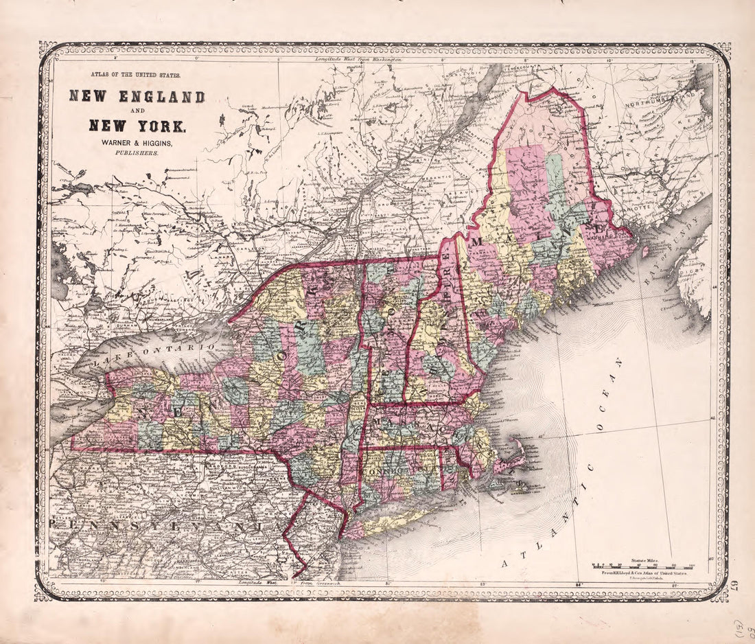 New England and New York from Atlas of Kendall County and the State of Illinois : to Which Is Added an Atlas of the United States, Maps of the Hemispheres &amp;c. &amp;c. &amp;c 1870 by Relic Map Company