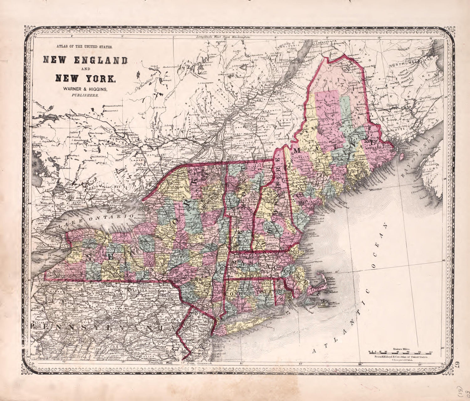 New England and New York from Atlas of Kendall County and the State of Illinois : to Which Is Added an Atlas of the United States, Maps of the Hemispheres &amp;c. &amp;c. &amp;c 1870 by Relic Map Company