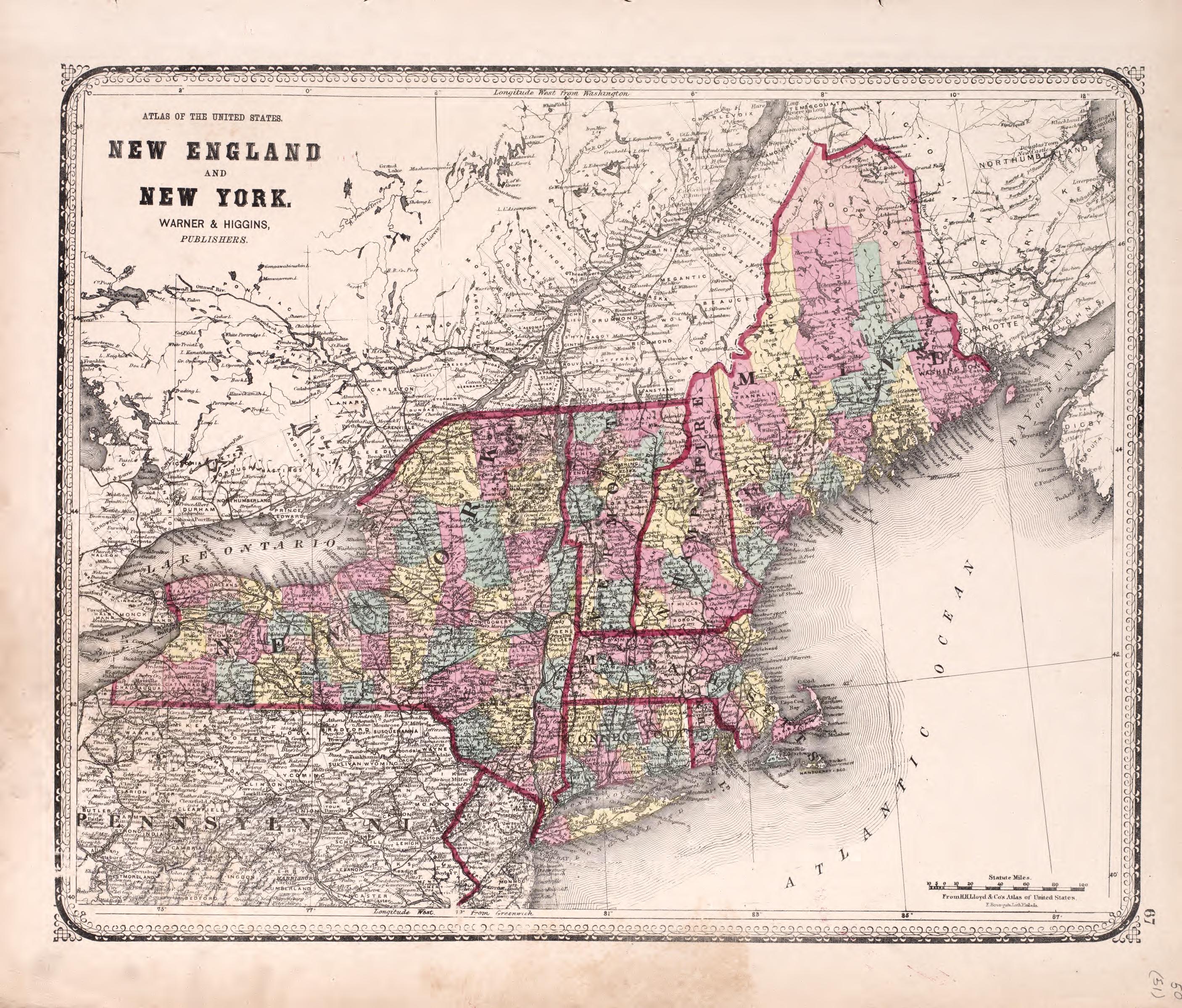 New England and New York from Atlas of Kendall County and the State of Illinois : to Which Is Added an Atlas of the United States, Maps of the Hemispheres &amp;c. &amp;c. &amp;c 1870 by Relic Map Company