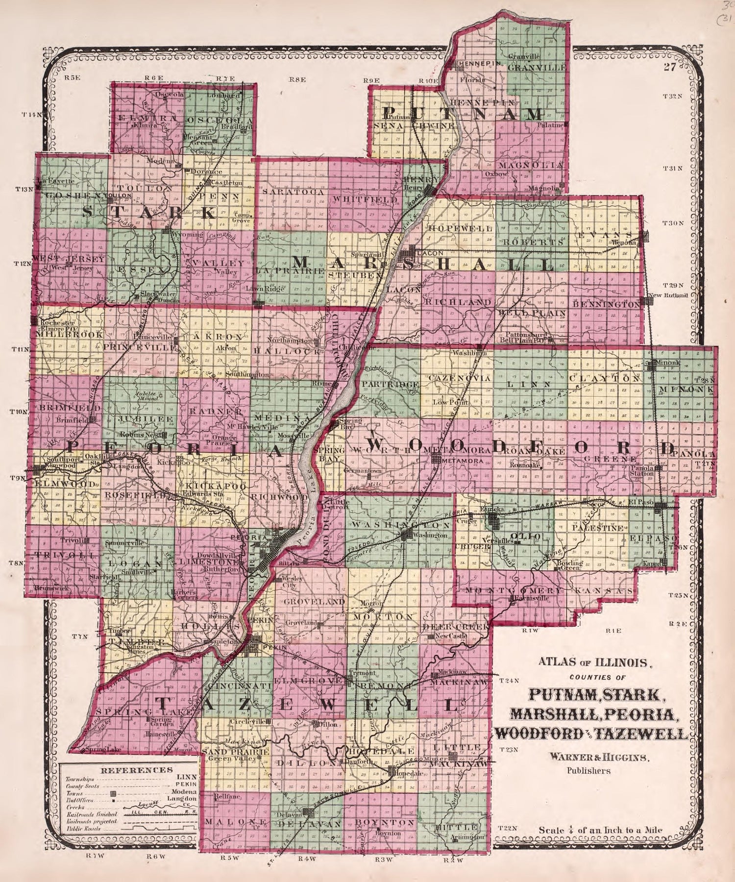 Counties of Putnam, Stark, Marshall, Peoria, Woodford and Tazewell from Atlas of Kendall County and the State of Illinois : to Which Is Added an Atlas of the United States, Maps of the Hemispheres &amp;c. &amp;c. &amp;c 1870 by Relic Map Company