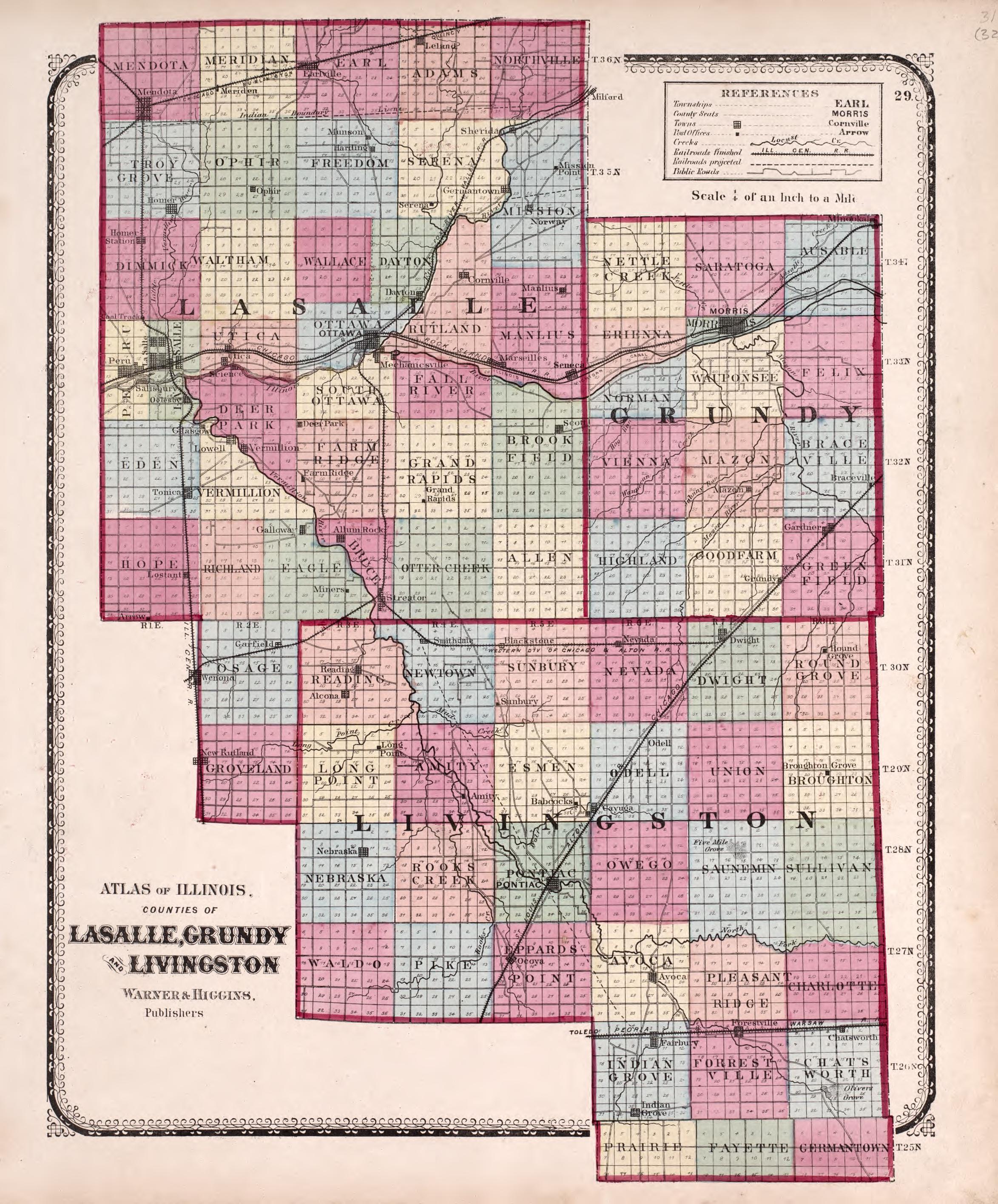 Counties of Lasalle, Grundy and Livingston from Atlas of Kendall County and the State of Illinois : to Which Is Added an Atlas of the United States, Maps of the Hemispheres &amp;c. &amp;c. &amp;c 1870 by Relic Map Company