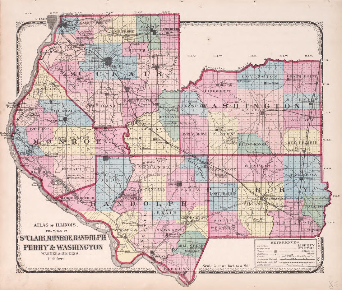 St. Clair, Monroe, Randolph, Perry &amp; Washington from Atlas of Kendall County and the State of Illinois : to Which Is Added an Atlas of the United States, Maps of the Hemispheres &amp;c. &amp;c. &amp;c 1870 by Relic Map Company