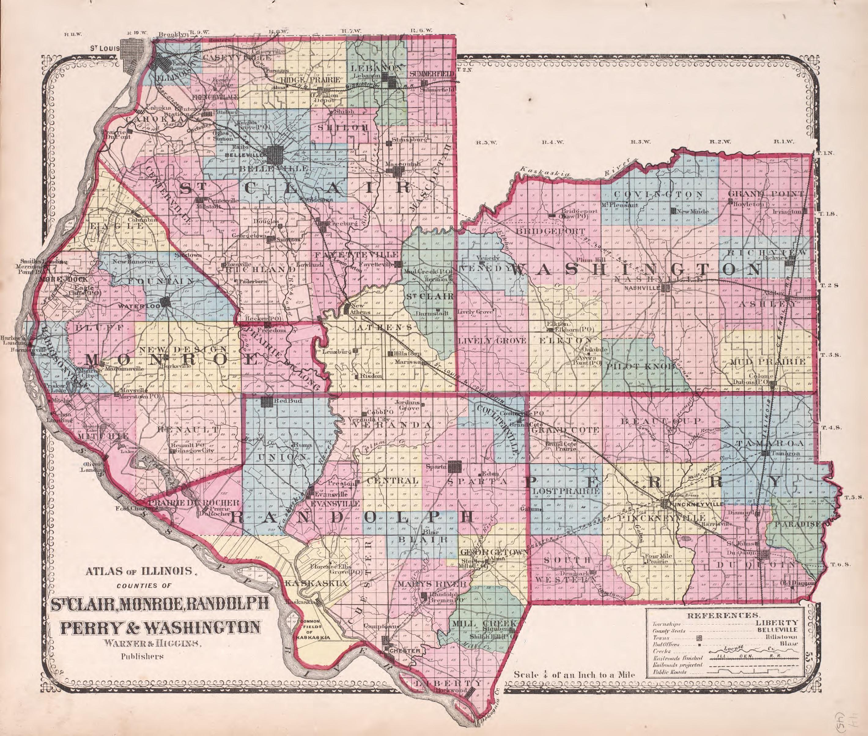 St. Clair, Monroe, Randolph, Perry &amp; Washington from Atlas of Kendall County and the State of Illinois : to Which Is Added an Atlas of the United States, Maps of the Hemispheres &amp;c. &amp;c. &amp;c 1870 by Relic Map Company