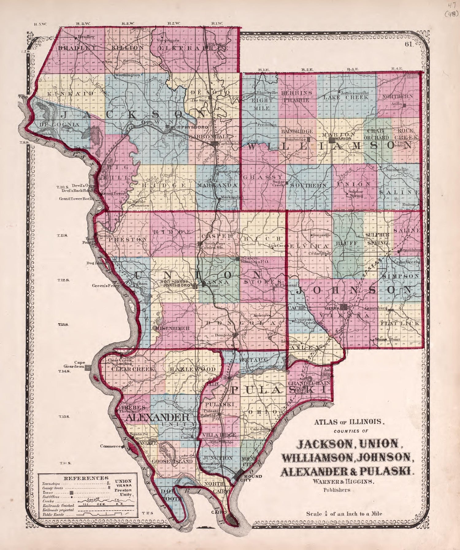 Jackson, Union, Williamson, Johnson, Alexander &amp; Pulaski from Atlas of Kendall County and the State of Illinois : to Which Is Added an Atlas of the United States, Maps of the Hemispheres &amp;c. &amp;c. &amp;c 1870 by Relic Map Company