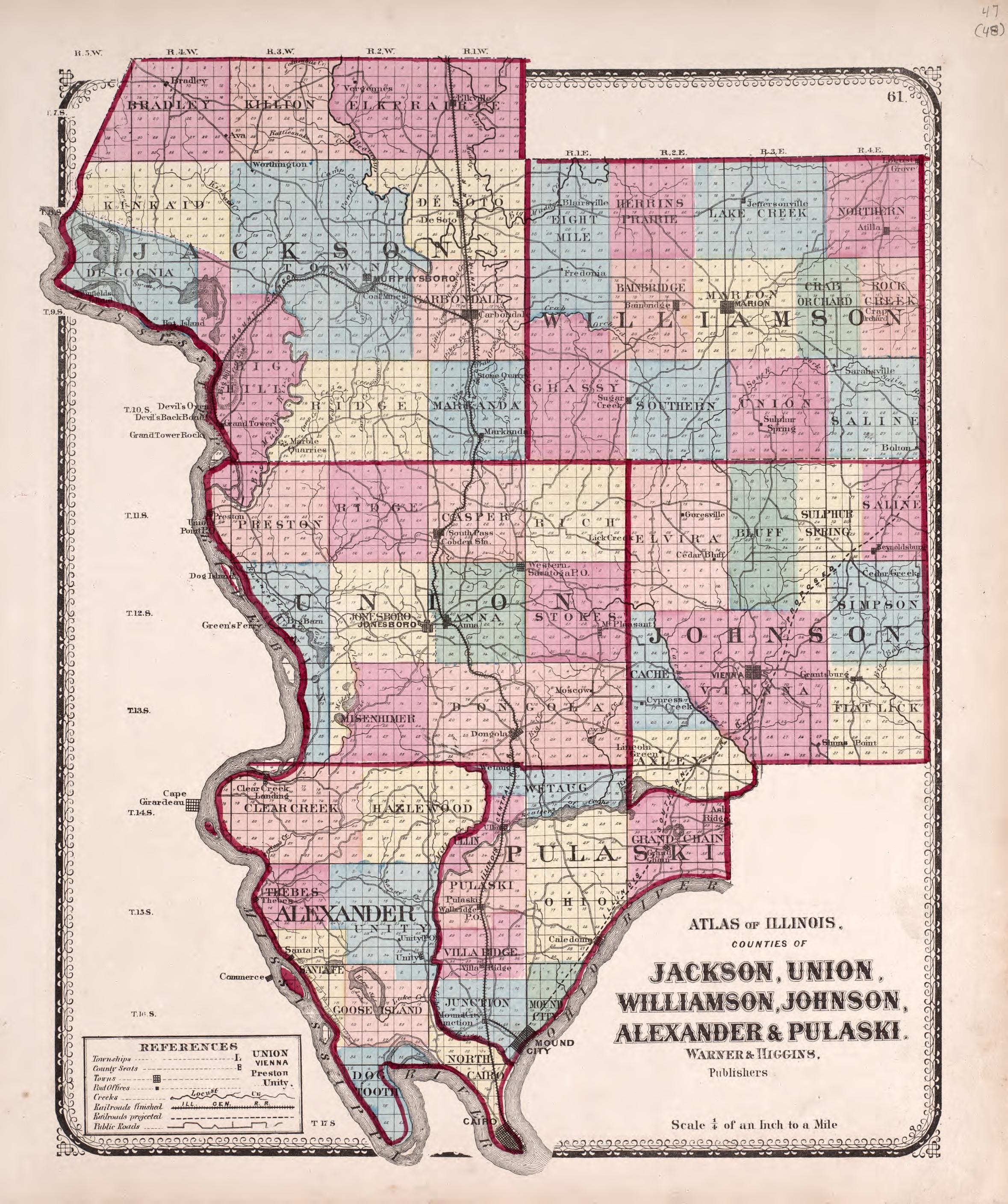 Jackson, Union, Williamson, Johnson, Alexander &amp; Pulaski from Atlas of Kendall County and the State of Illinois : to Which Is Added an Atlas of the United States, Maps of the Hemispheres &amp;c. &amp;c. &amp;c 1870 by Relic Map Company