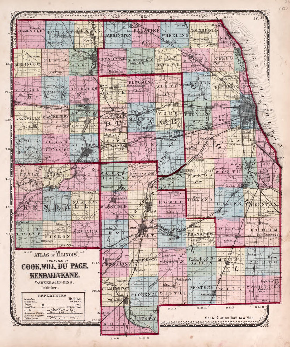 Counties of Cook, Will, Du Page, Kendall and Kane from Atlas of Kendall County and the State of Illinois : to Which Is Added an Atlas of the United States, Maps of the Hemispheres &amp;c. &amp;c. &amp;c 1870 by Relic Map Company