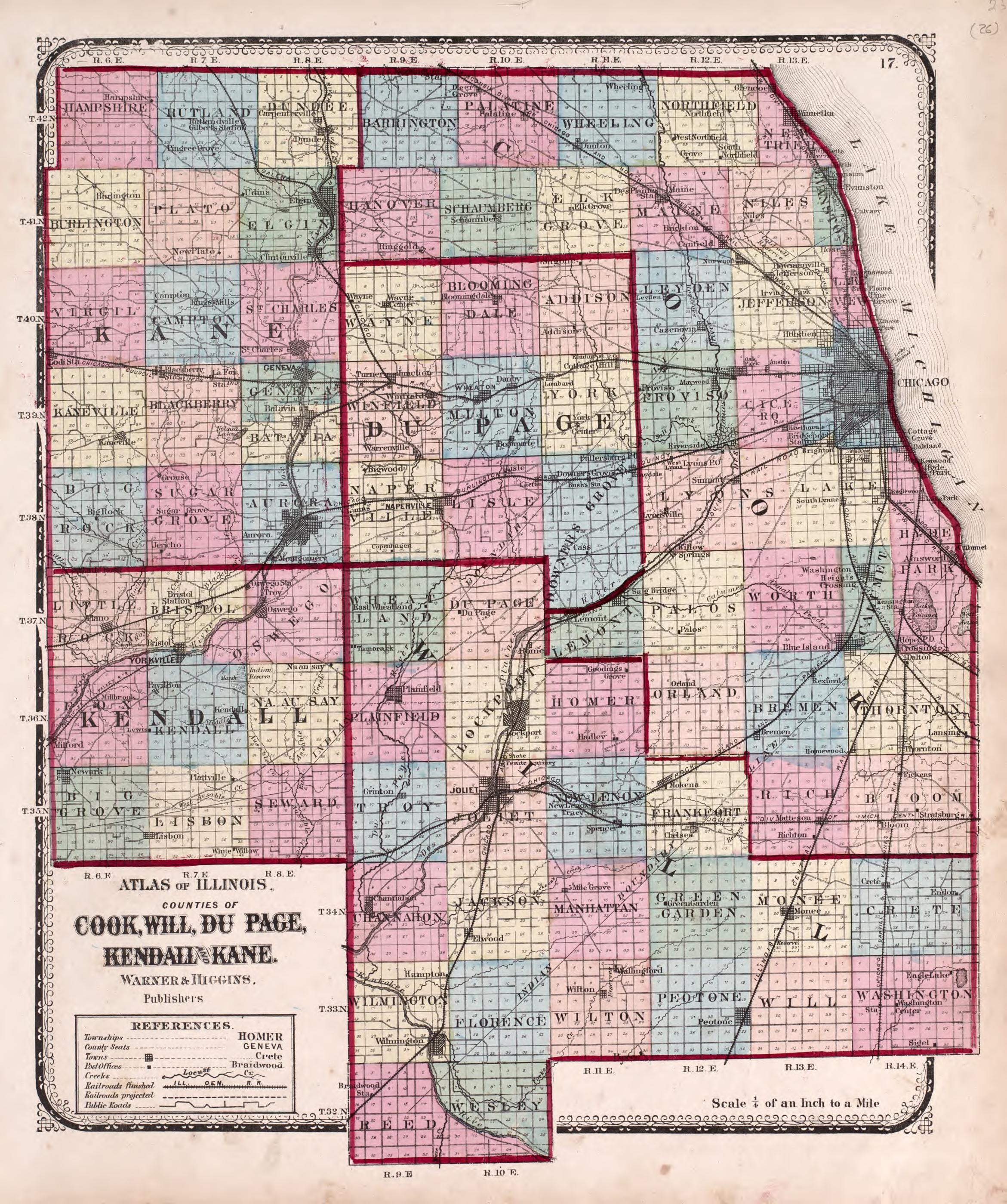 Counties of Cook, Will, Du Page, Kendall and Kane from Atlas of Kendall County and the State of Illinois : to Which Is Added an Atlas of the United States, Maps of the Hemispheres &amp;c. &amp;c. &amp;c 1870 by Relic Map Company