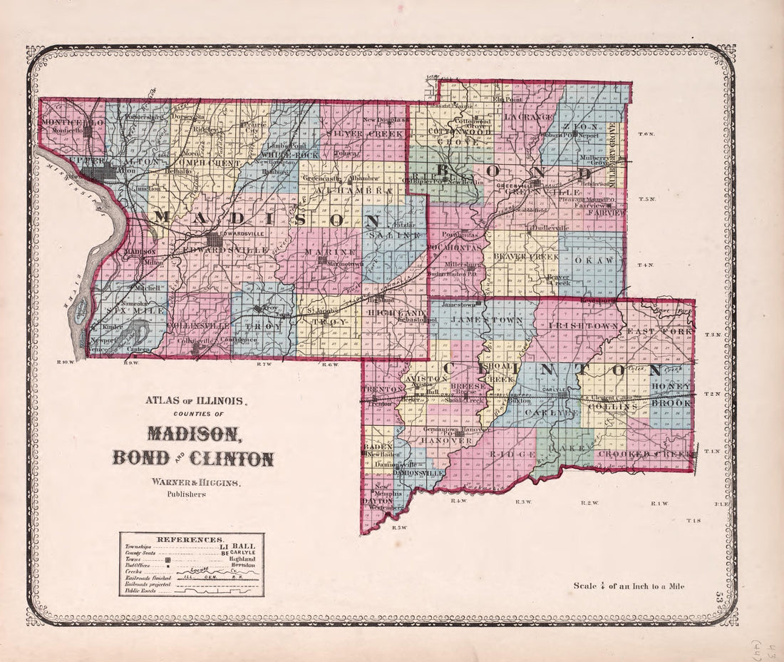 Madison, Bond and Clinton from Atlas of Kendall County and the State of Illinois : to Which Is Added an Atlas of the United States, Maps of the Hemispheres &amp;c. &amp;c. &amp;c 1870 by Relic Map Company
