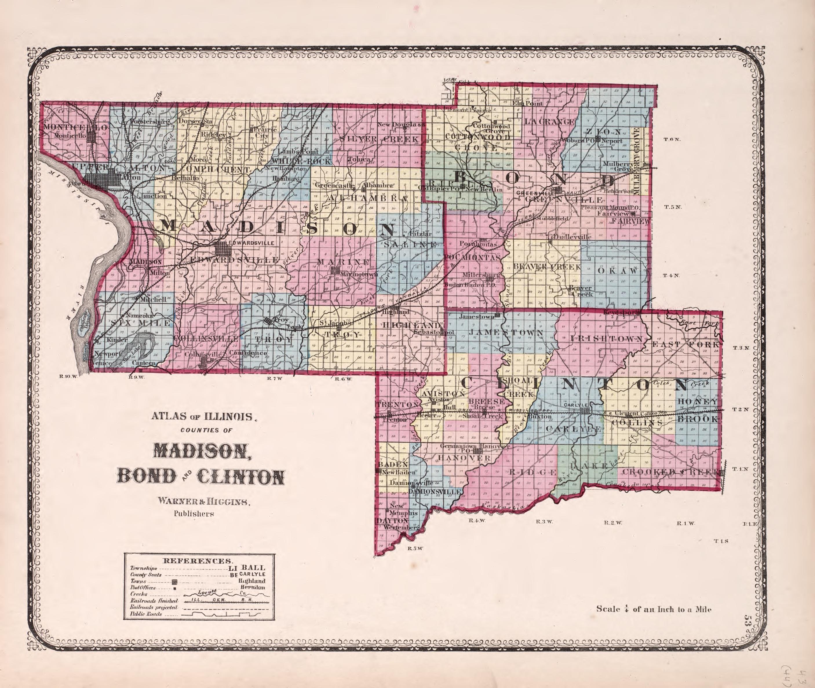 Madison, Bond and Clinton from Atlas of Kendall County and the State of Illinois : to Which Is Added an Atlas of the United States, Maps of the Hemispheres &amp;c. &amp;c. &amp;c 1870 by Relic Map Company