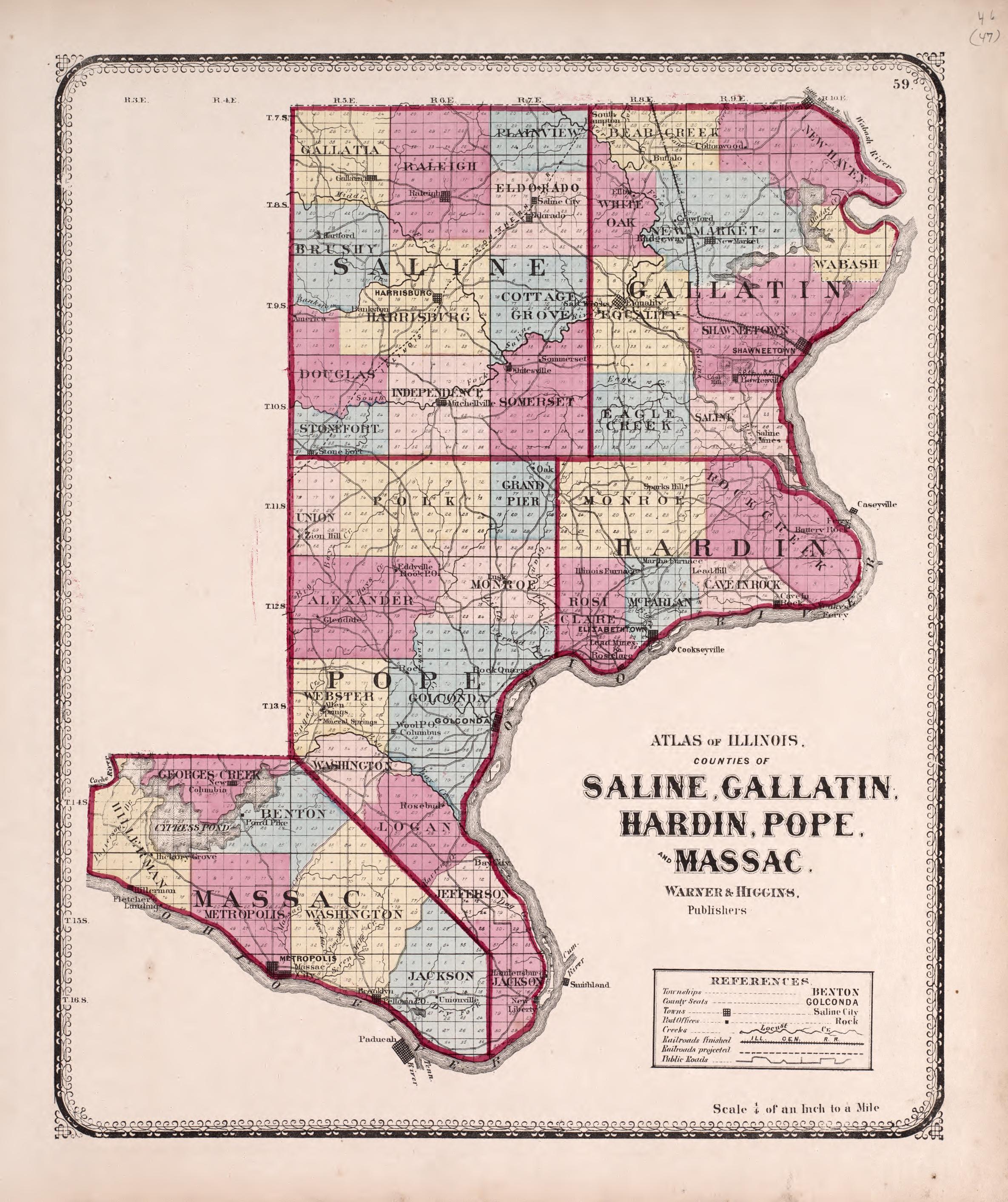 Saline, Gallatin, Hardin, Pope and Massac from Atlas of Kendall County and the State of Illinois : to Which Is Added an Atlas of the United States, Maps of the Hemispheres &amp;c. &amp;c. &amp;c 1870 by Relic Map Company