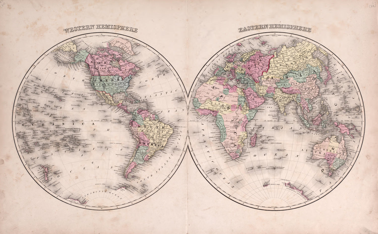 World from Atlas of Kendall County and the State of Illinois : to Which Is Added an Atlas of the United States, Maps of the Hemispheres &amp;c. &amp;c. &amp;c 1870 by Relic Map Company