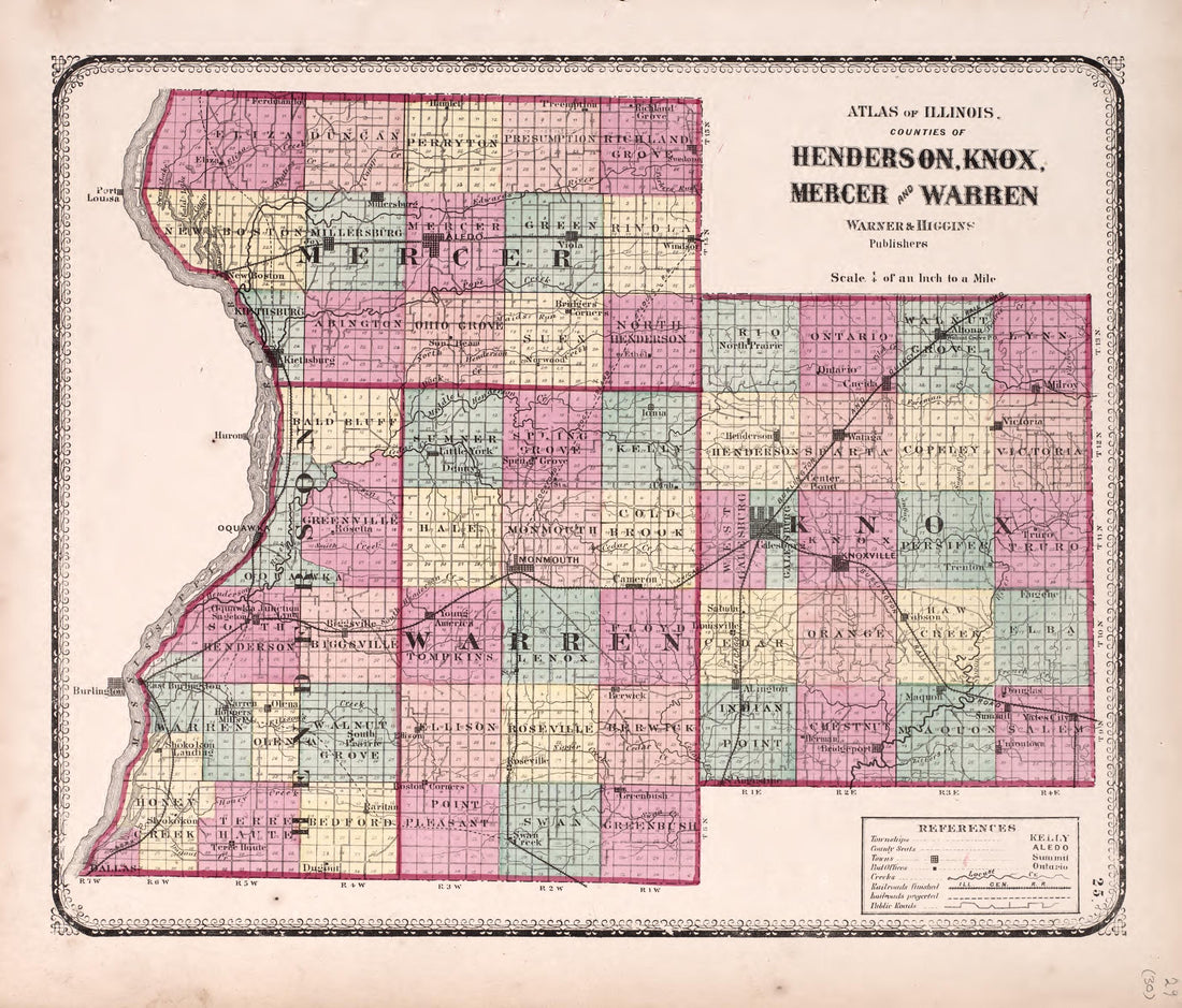 Counties of Henderson, Knox, Mercer and Warren from Atlas of Kendall County and the State of Illinois : to Which Is Added an Atlas of the United States, Maps of the Hemispheres &amp;c. &amp;c. &amp;c 1870 by Relic Map Company