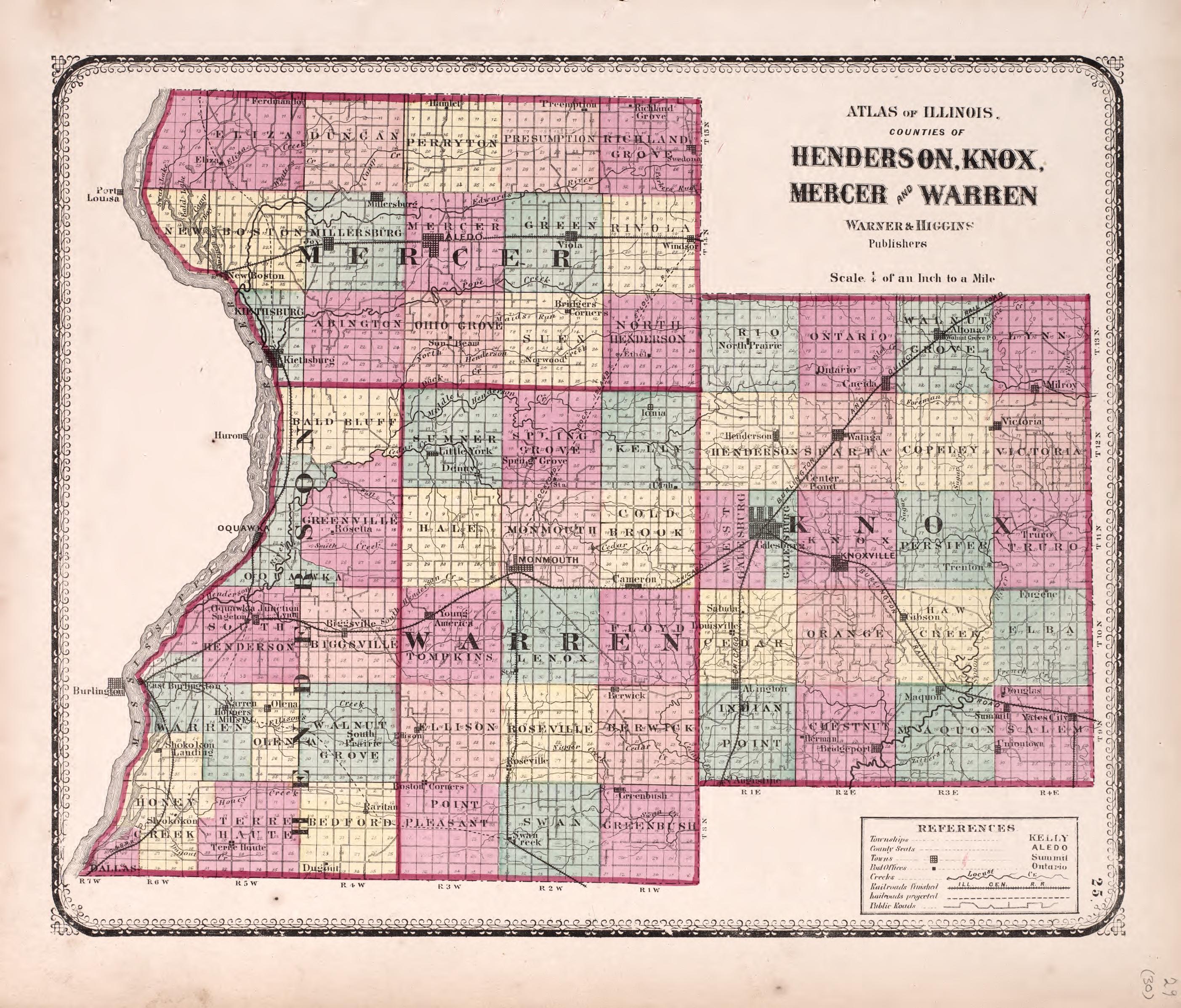 Counties of Henderson, Knox, Mercer and Warren from Atlas of Kendall County and the State of Illinois : to Which Is Added an Atlas of the United States, Maps of the Hemispheres &amp;c. &amp;c. &amp;c 1870 by Relic Map Company