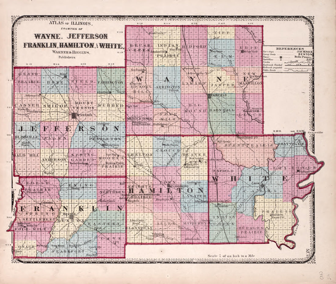 Wayne, Jefferson, Franklin, Hamilton and White from Atlas of Kendall County and the State of Illinois : to Which Is Added an Atlas of the United States, Maps of the Hemispheres &amp;c. &amp;c. &amp;c 1870 by Relic Map Company